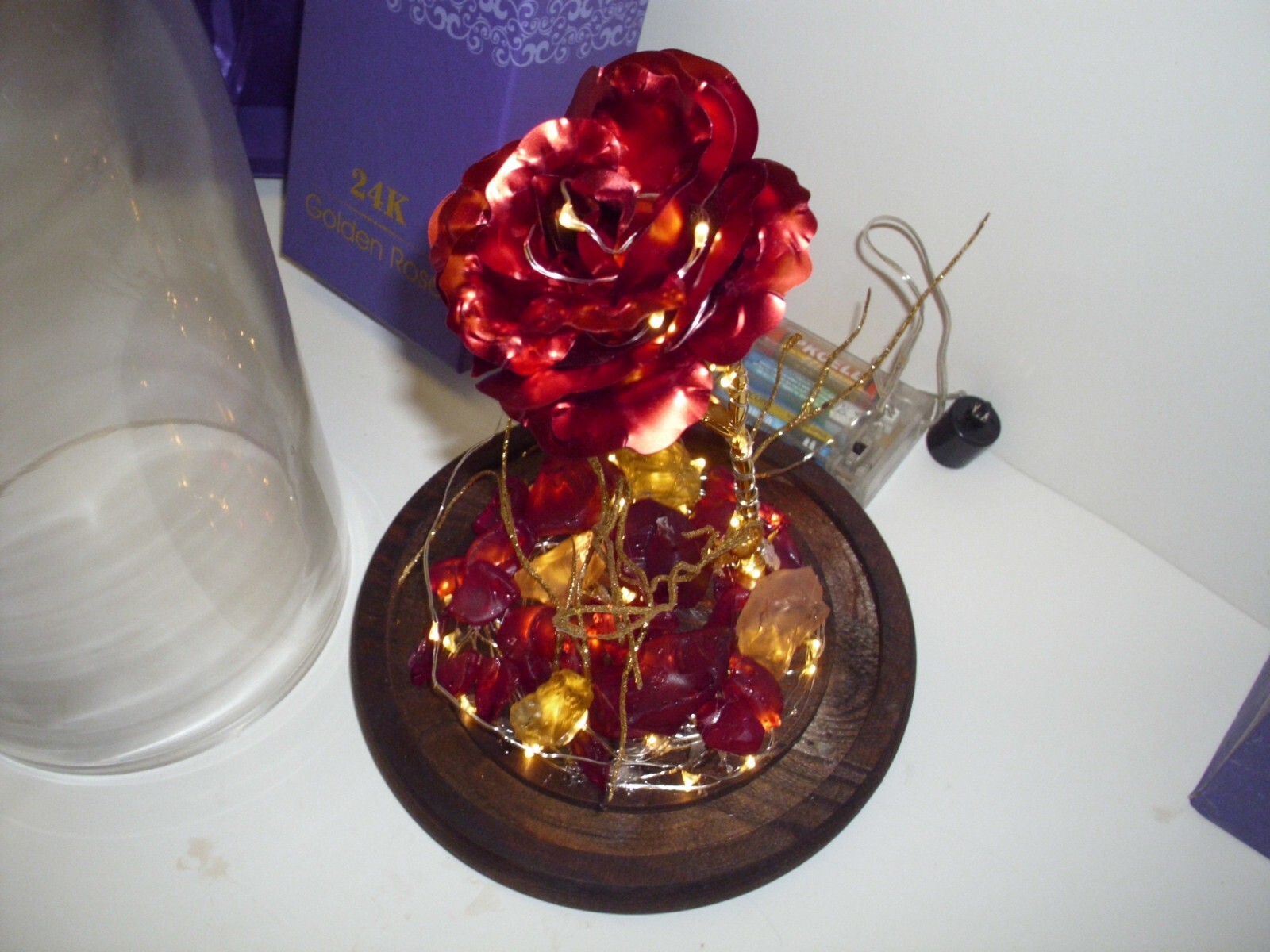 24K Golden Rose Gold Dipped Rose Box,Bag,Lights Heavy Crystal Dome Oak Base