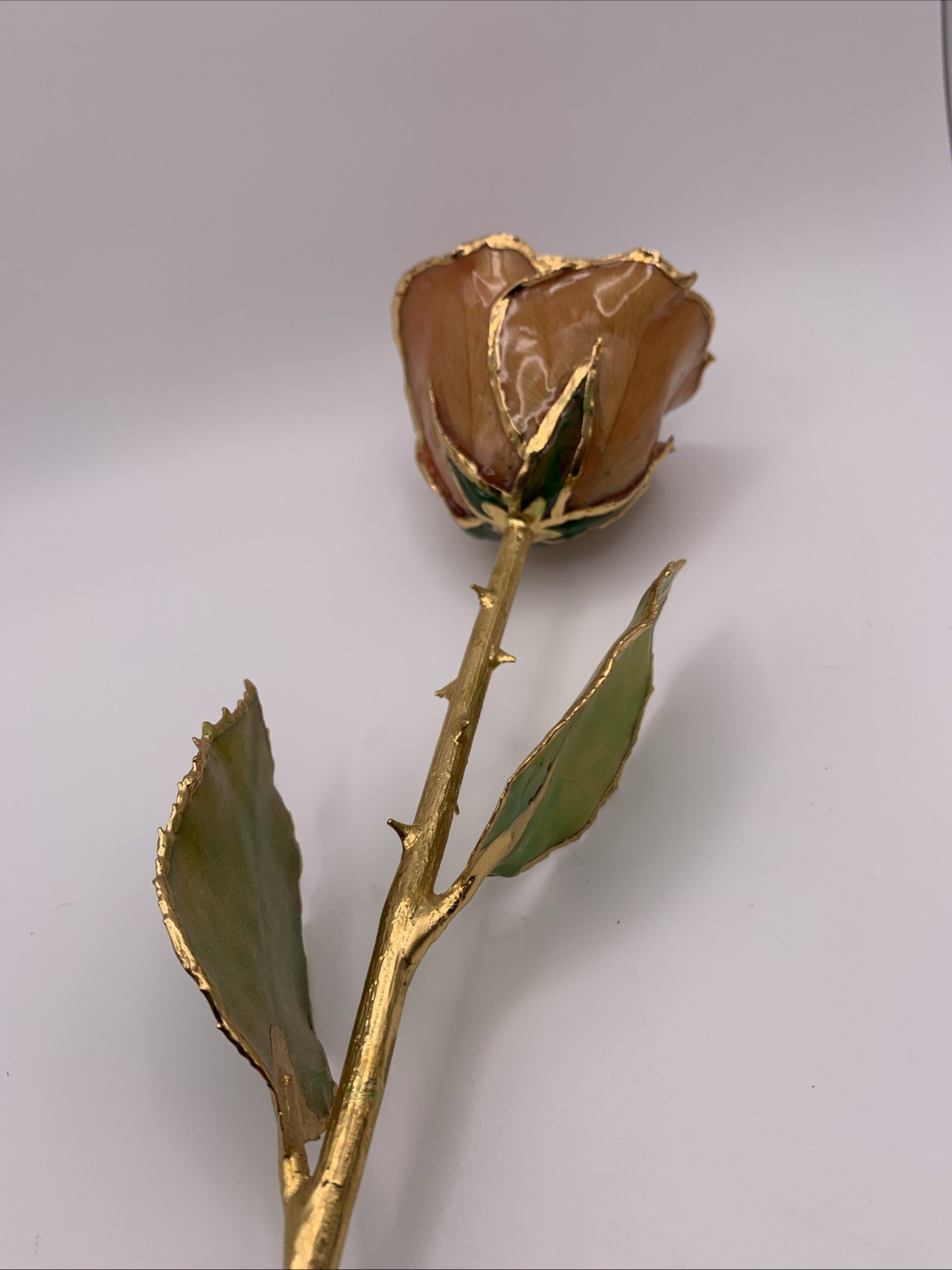 Real Rose Lacquer Dipped 24 Karat Gold Trim Lite Pink/Orange 11.5” With Vase