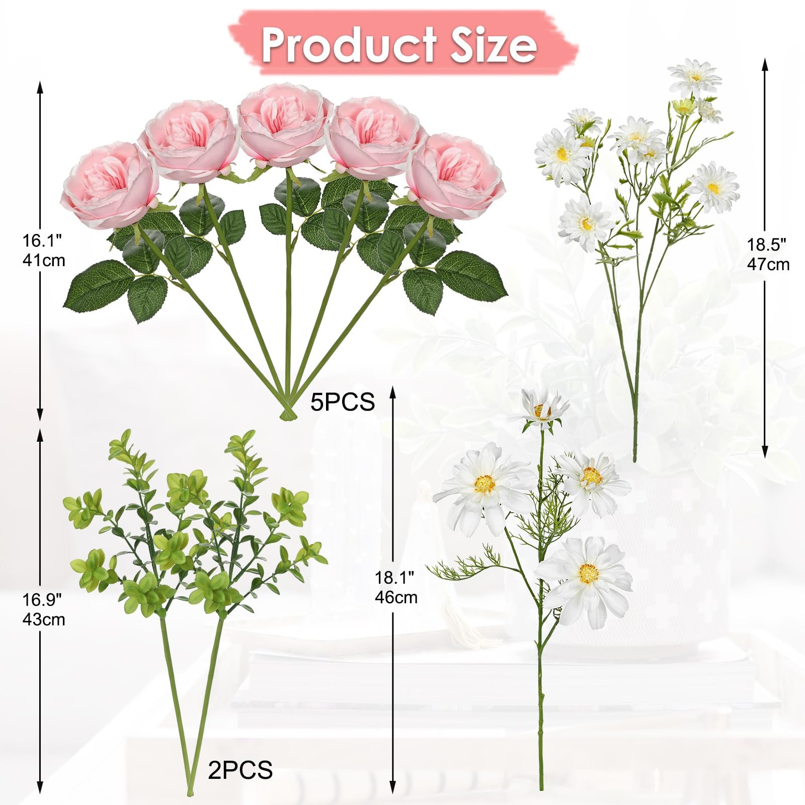 Peonies Artificial Flowers Pink Long Silk Faux Bouquet 18.5in Wedding Decor