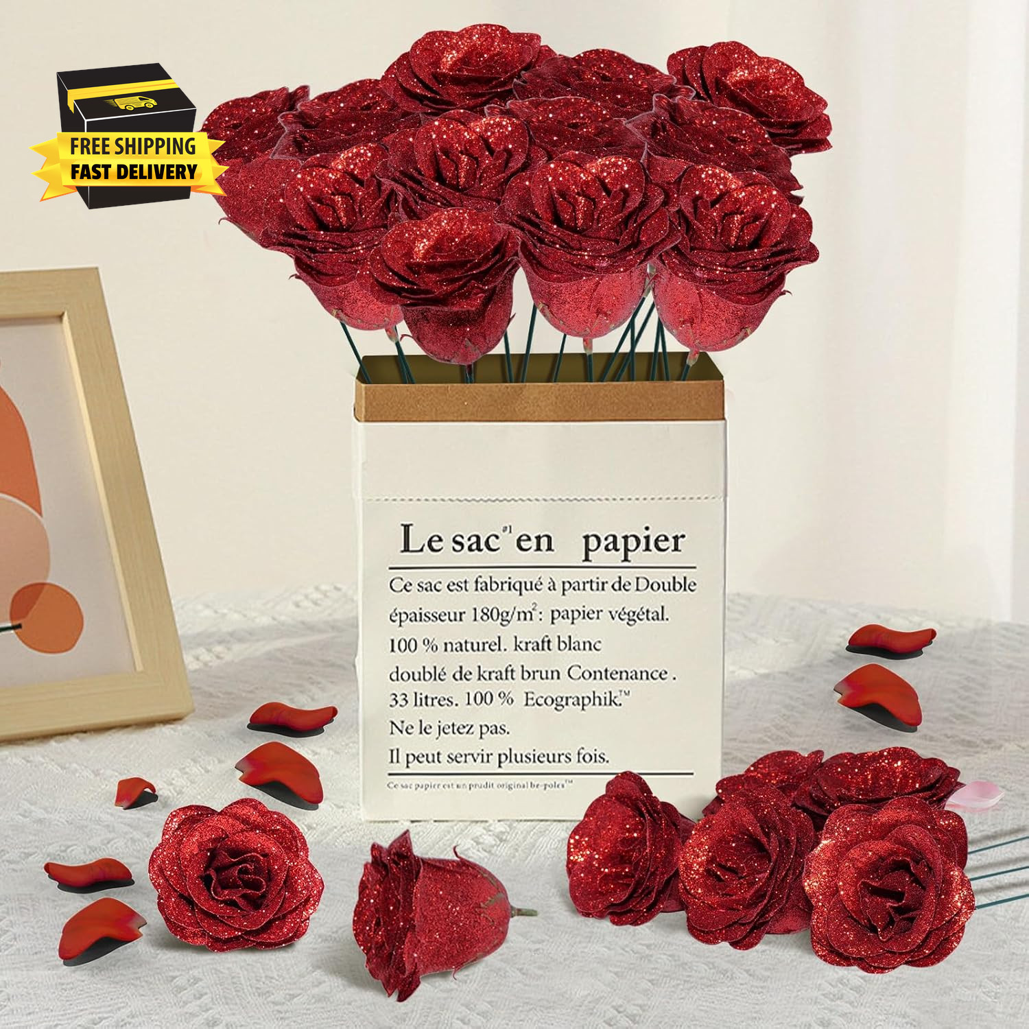 Red Glitter Roses Bouquet, 24 Pcs Shiny Glitter Flowers Bouquet, Everlasting Art
