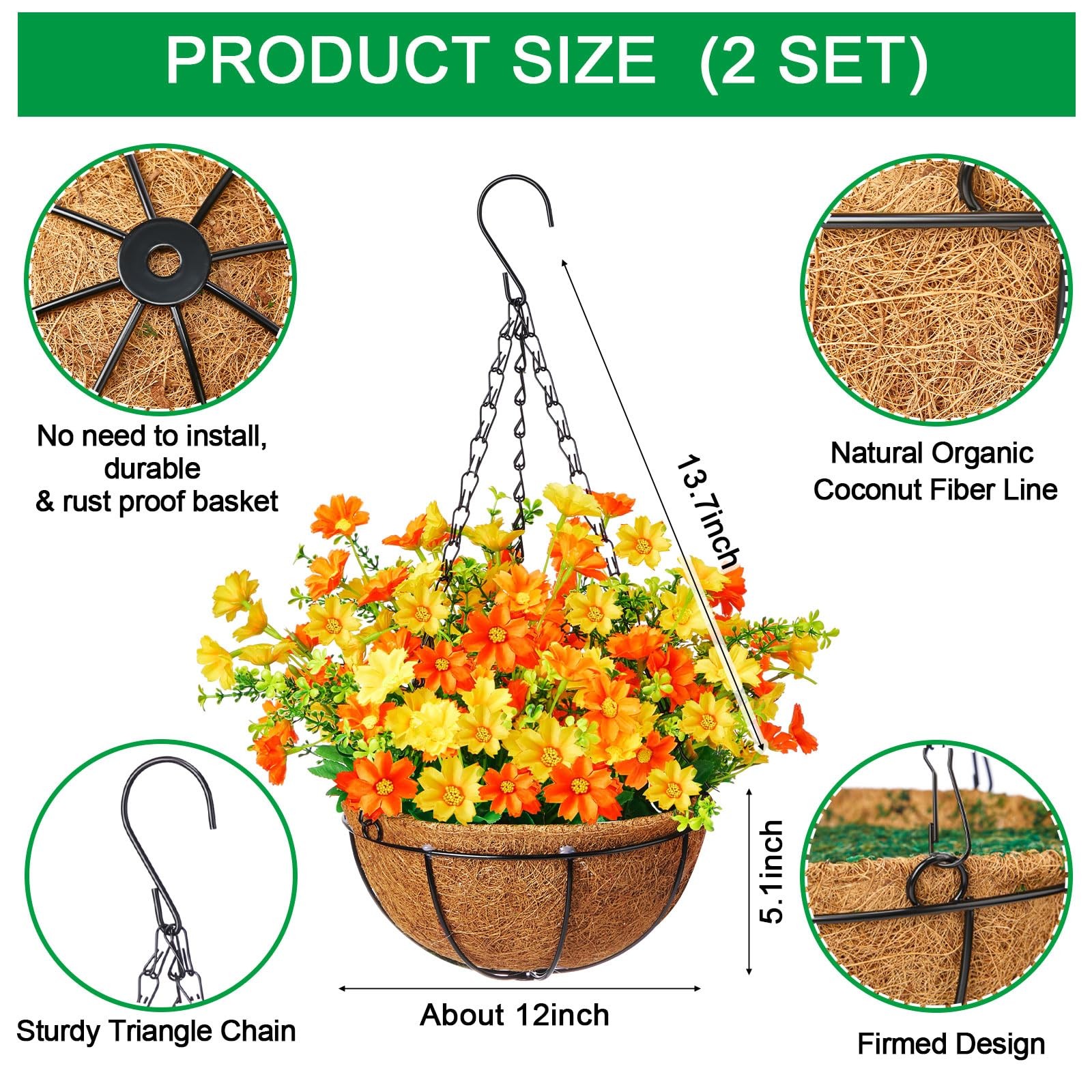 2 Pack Artificial Hanging Basket with Daisy Flowers, 12 Inch Faux Hanging Flo…