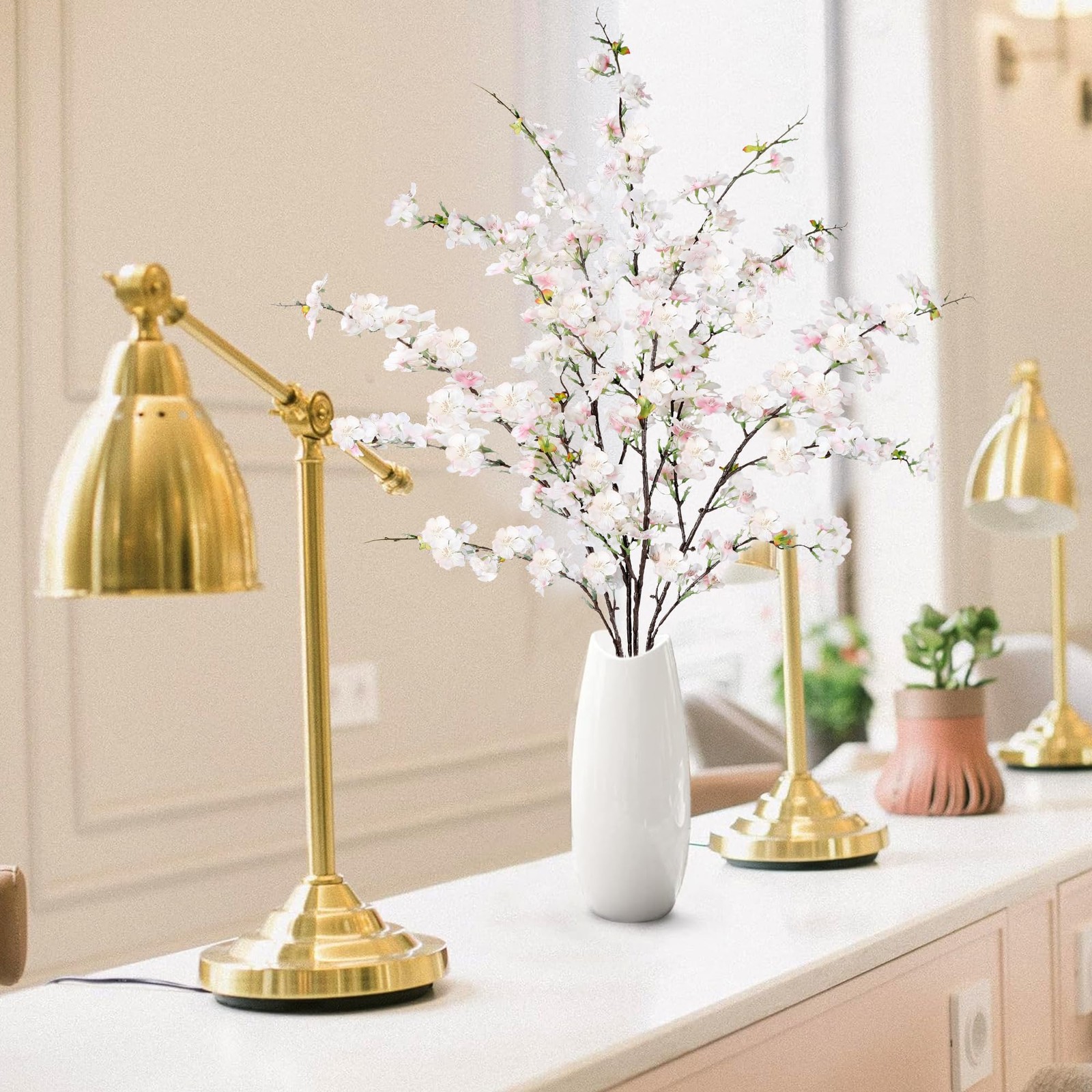 Artificial Cherry Blossom Stems 43 Inch Faux Silk Flowers Light Pink Vase Decor