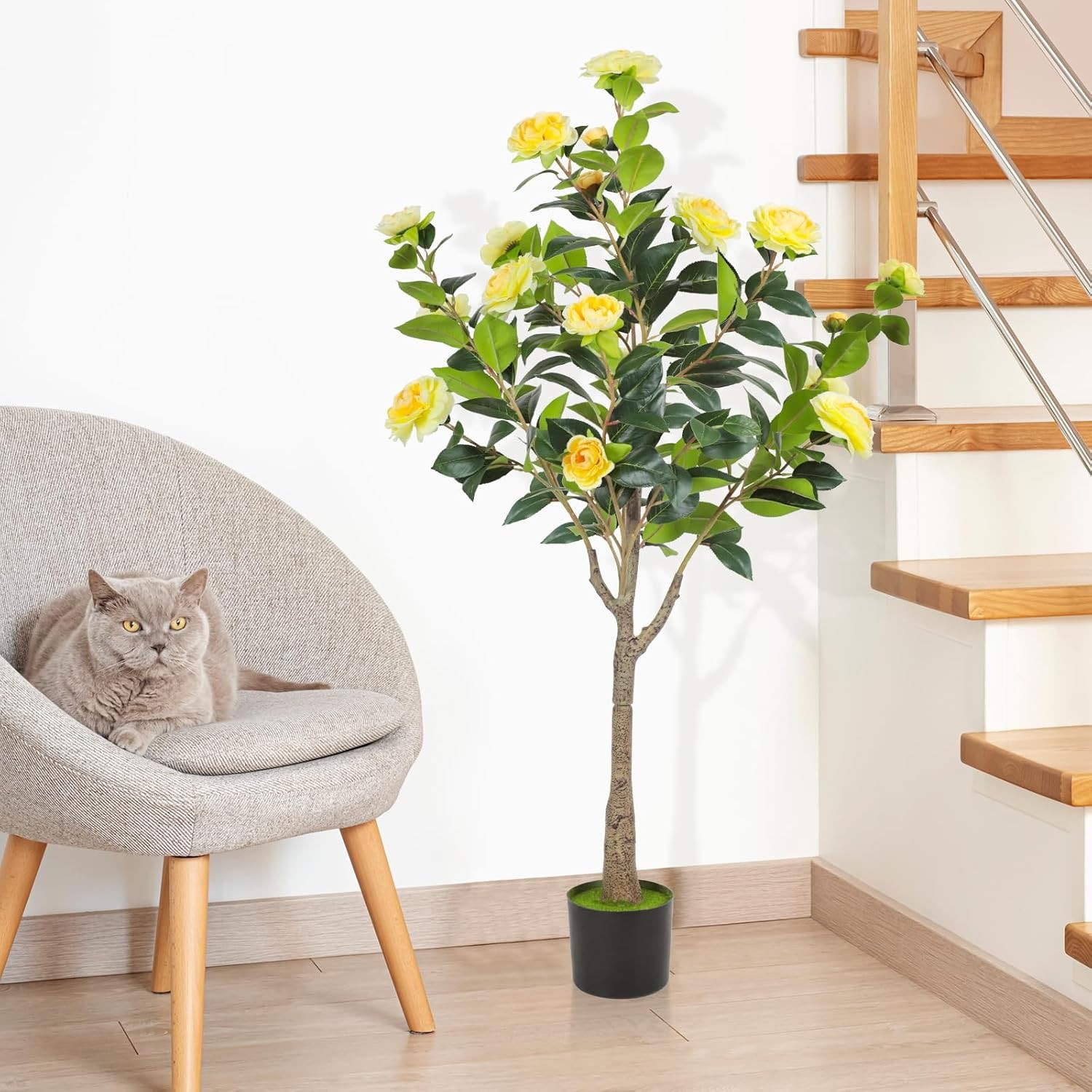 2PCS Fake Plant, 4FT Artificial Camellia Flowers Tree Home Decor for Livingroom