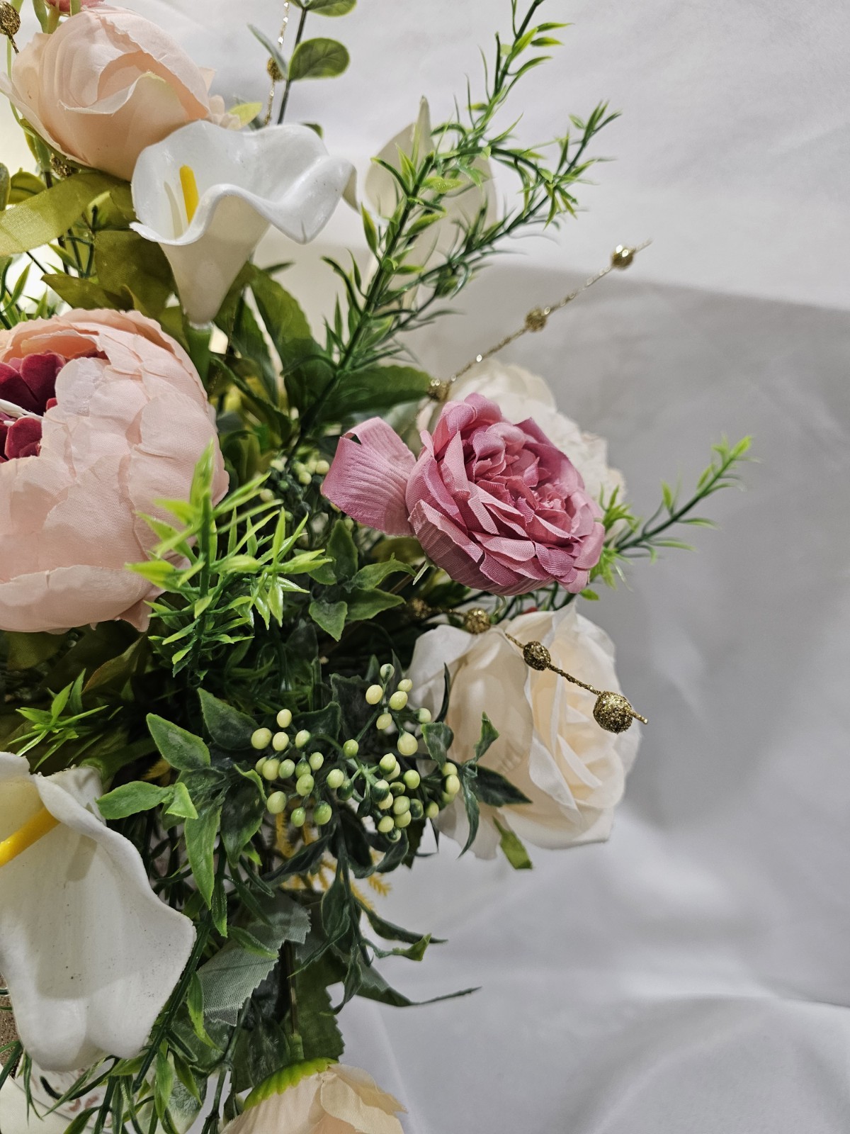 Artificial Flower Arrangement Peonies Calla Lilies Glistening Gold Accen & Vase