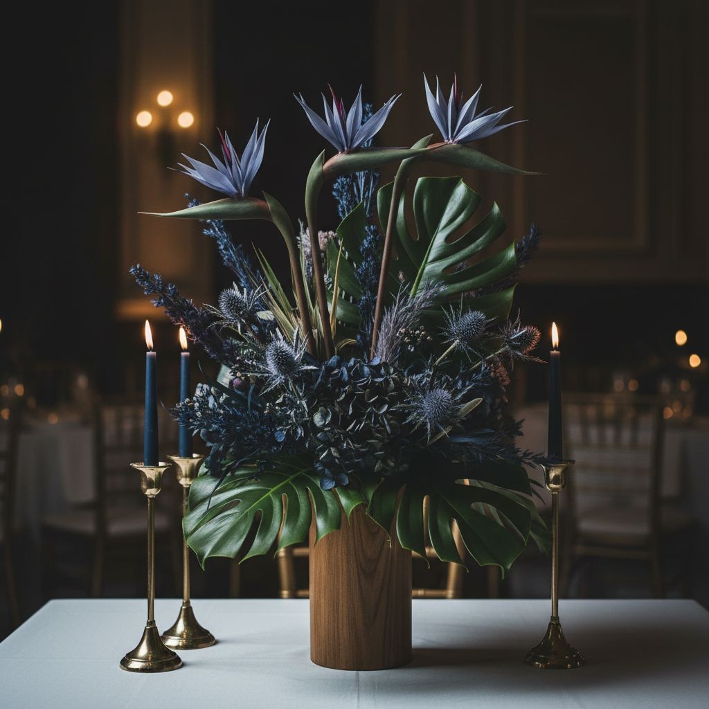 Bird of Paradise Stems Set of 3 Faux Tropical Flowers 30 Inch Tall Moody Blue Pu