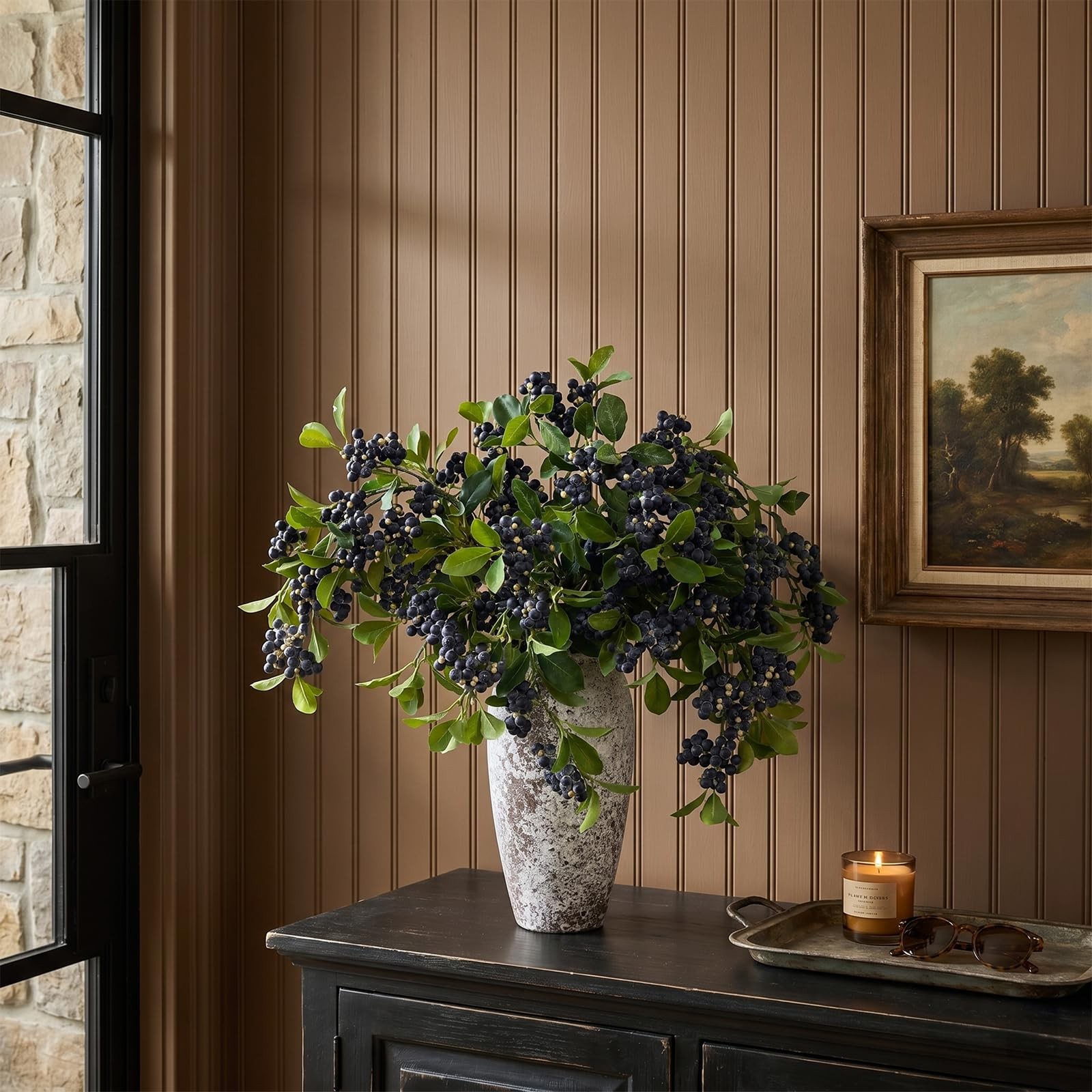 4Pcs 33″Artificial Blueberry Stems, Faux Blueberries Fruit Branch(Blue)