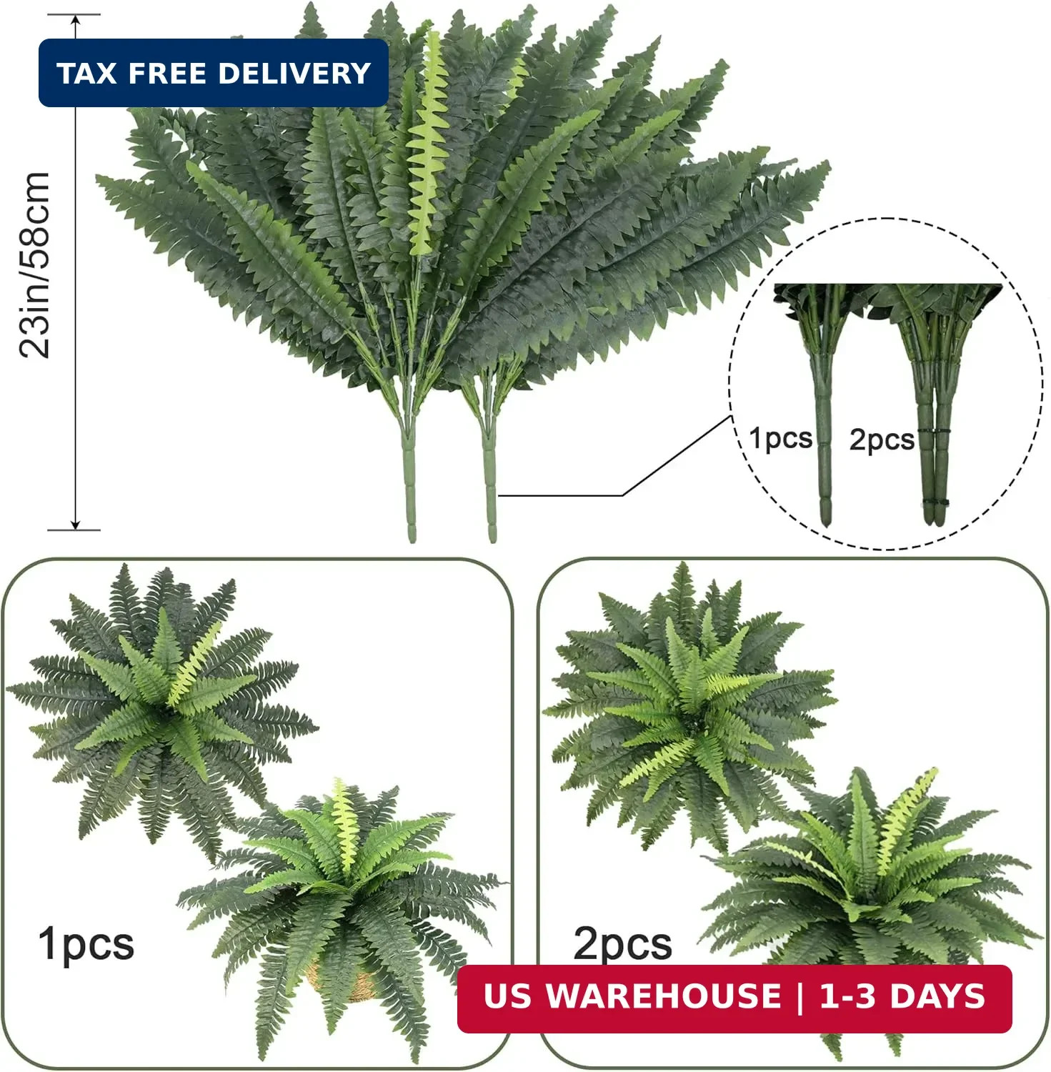 Artificial Ferns for Outdoors, Set of 2 Bouquets 33″ Diam Large Fake Ferns Faux