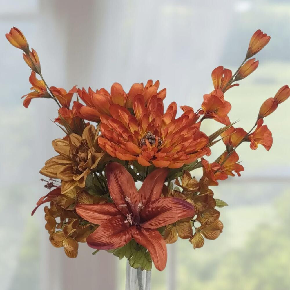 21″ Rust Colored Artificial Mixed Floral Dahlia, Mum & Lily Bush