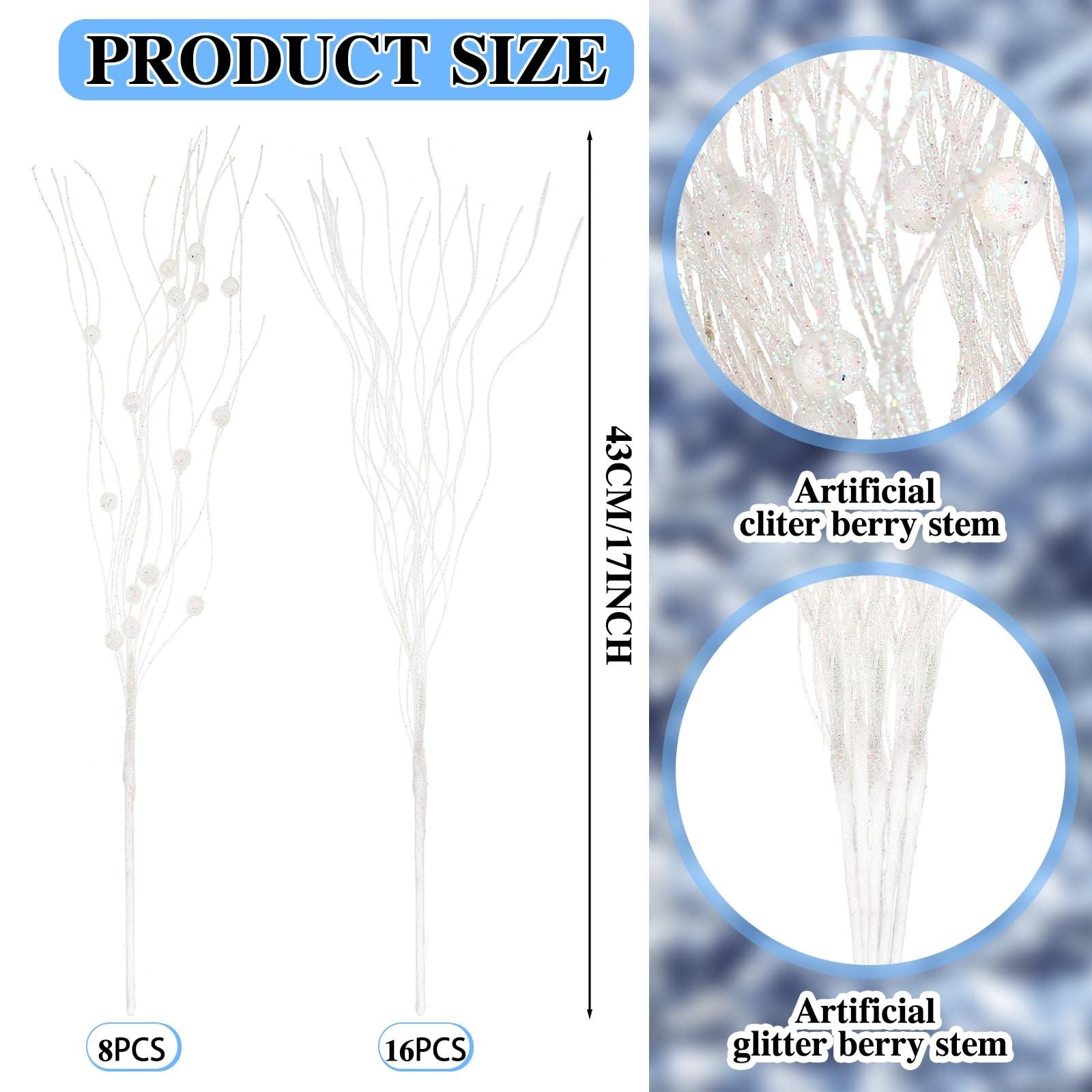 24 Pcs Christmas Artificial Glitter Stem Ornament 17 Inch Fake Picks Branches…