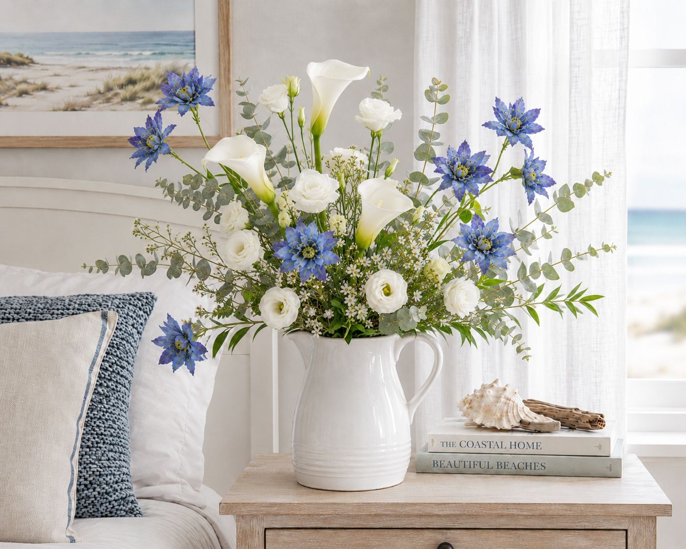 Blue Purple Real Touch Flower Stems Set of 2, 24 Inch Faux Flowers for Coastal C