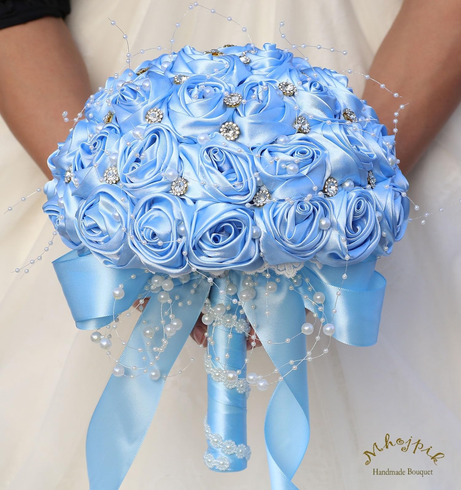 6.3 Inch Light Blue Artificial Rose Bling Bridal Wedding Throw Bouquet