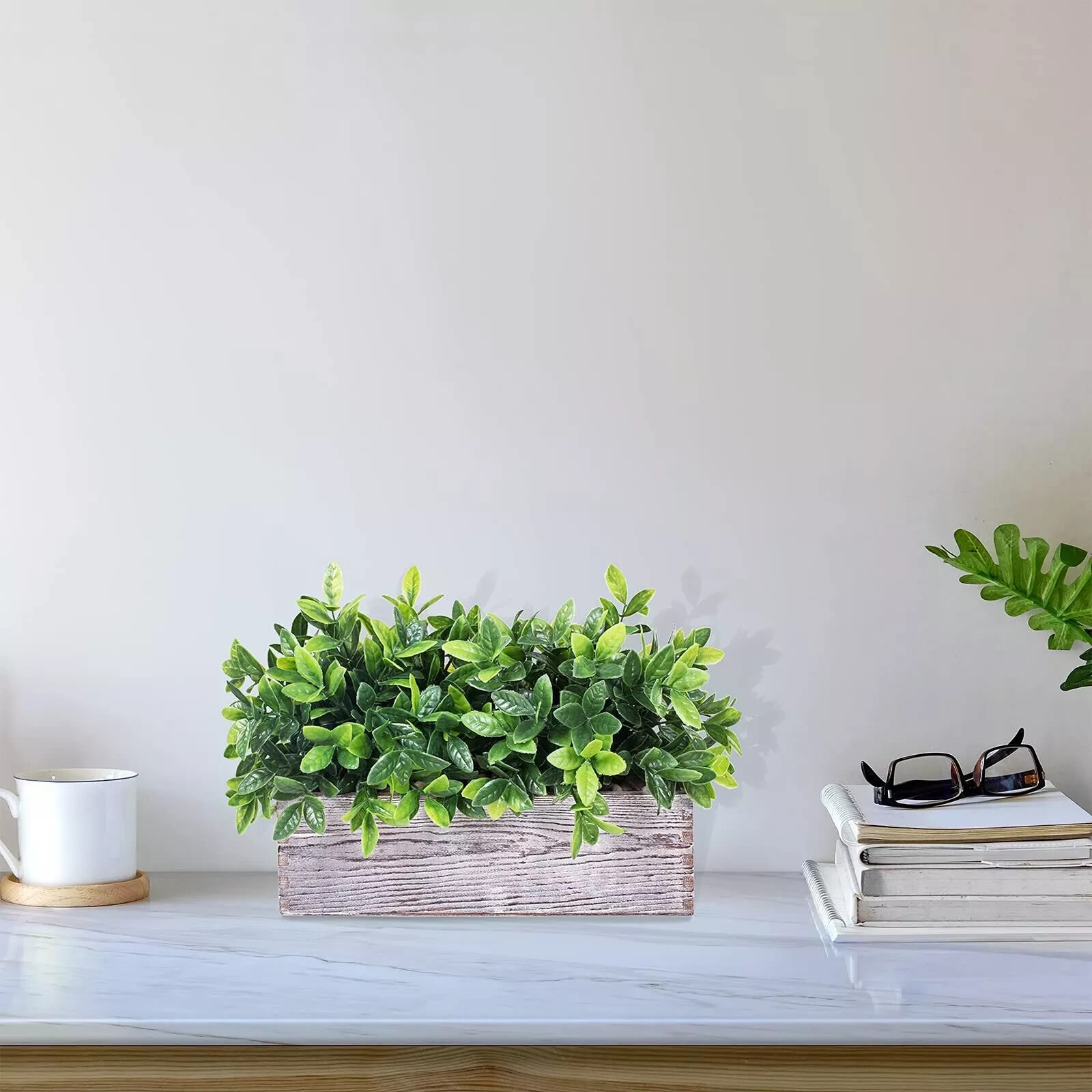 Artificial Eucalyptus Plant in Rustic Rectangular Wooden Planter Box Faux Pot…