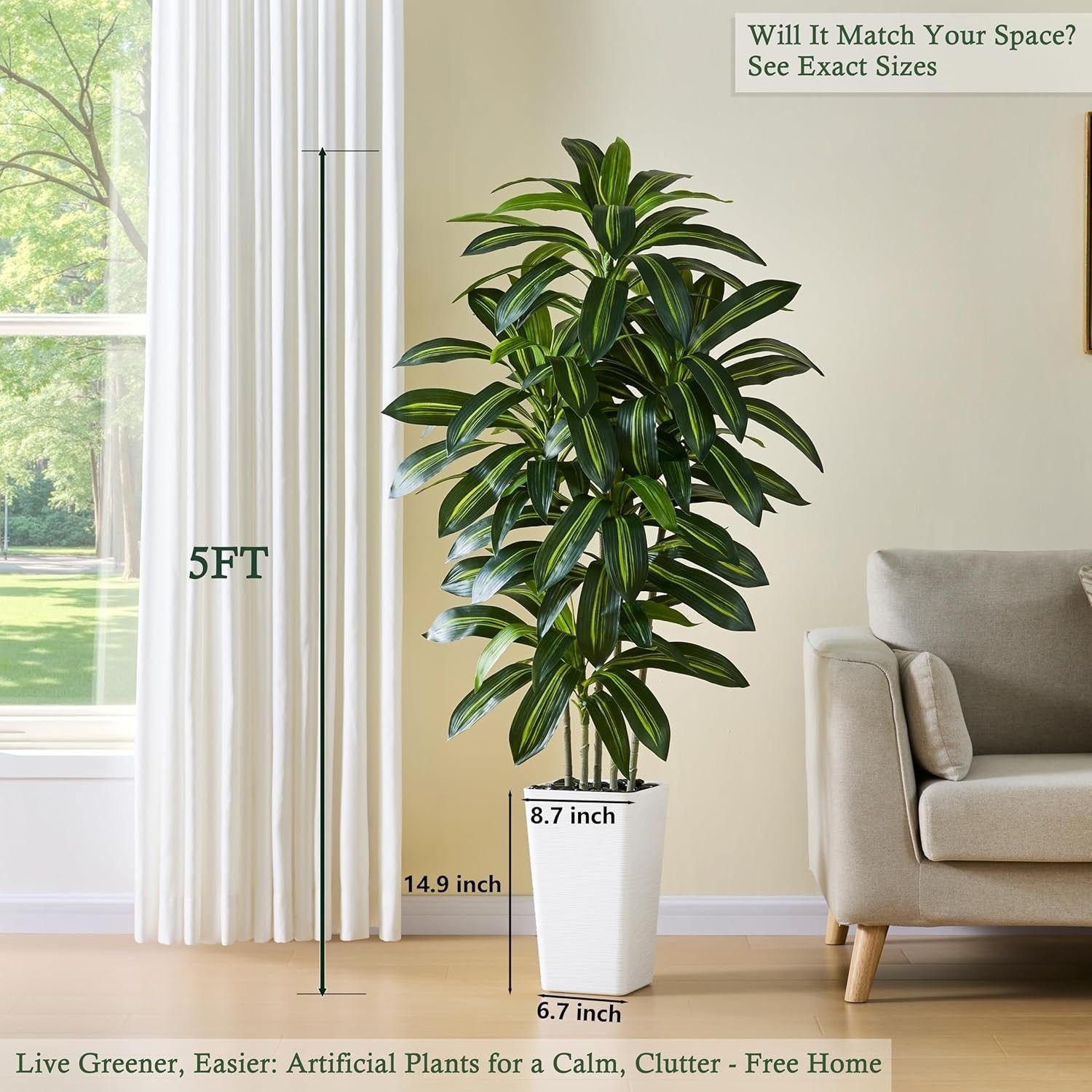 Artificial Dracaena Tree 5FT Faux Silk Tropical Fake Green Plant Indoor Outdoor