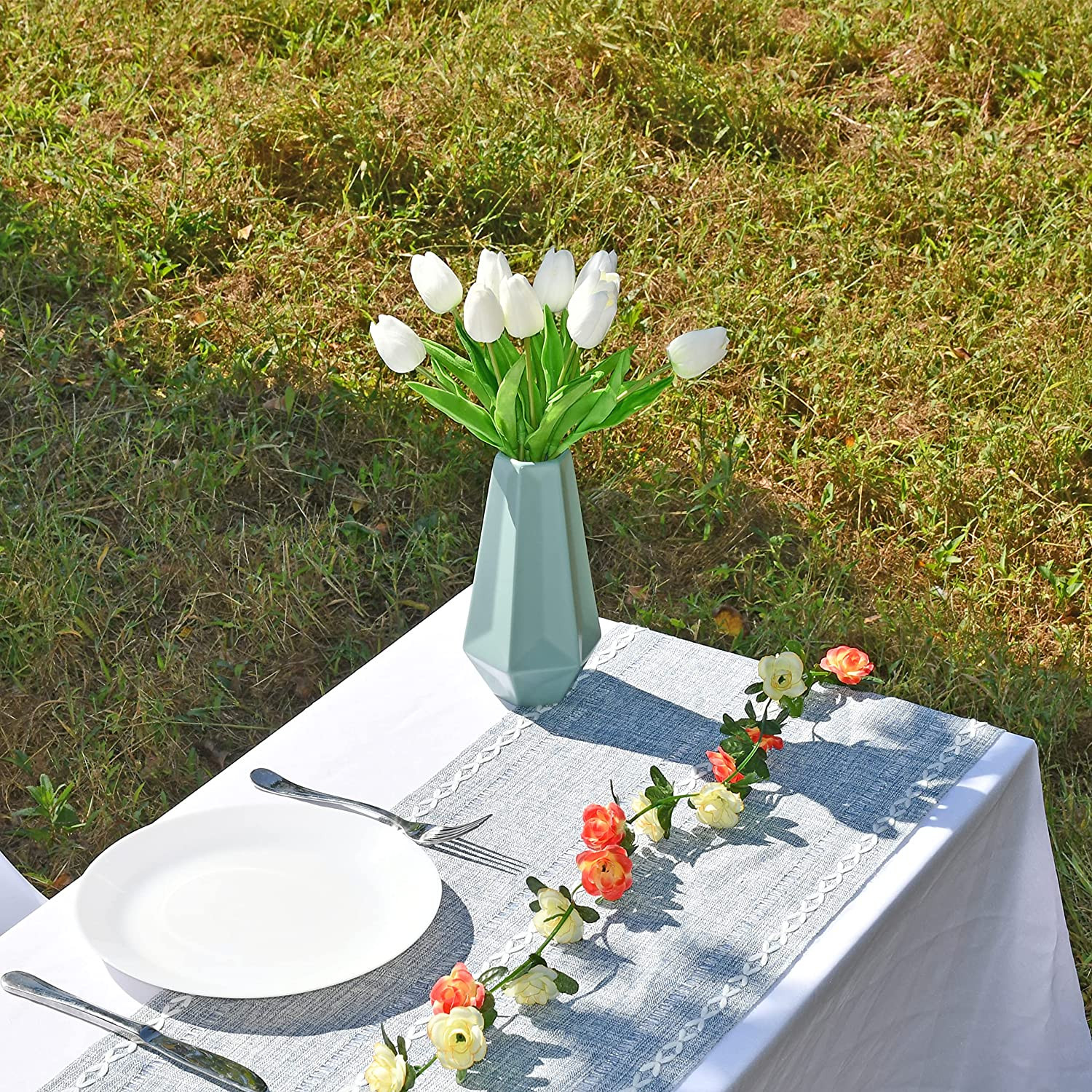 Artificial White Tulips 20 Pcs – 13.5 Inch PU Faux Flowers with Bendable Stems f