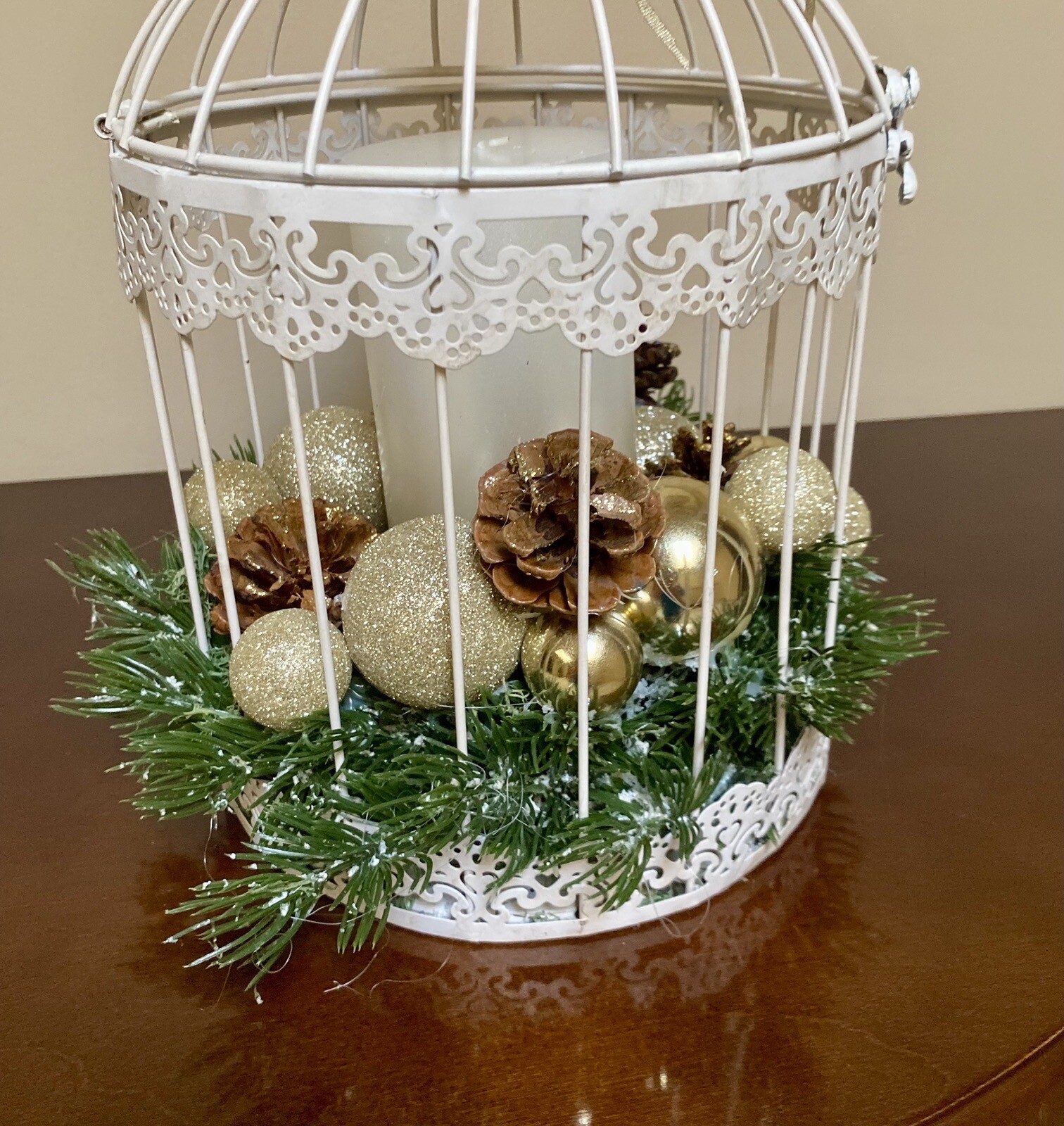 Vintage Christmas Birdcage with Gold Highlights & Pillar Candle