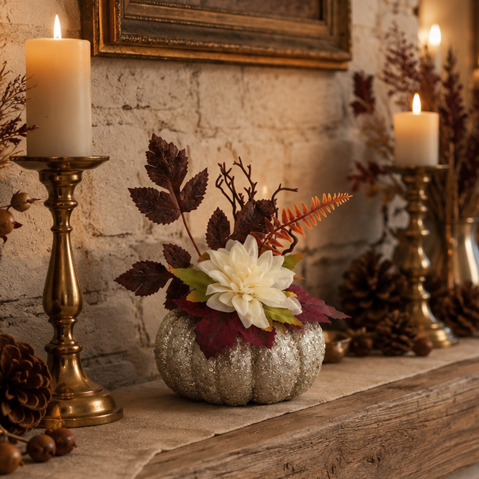 Table Centerpiece: Glitter Pumpkin with Silk Dahlias and Printed Leaves