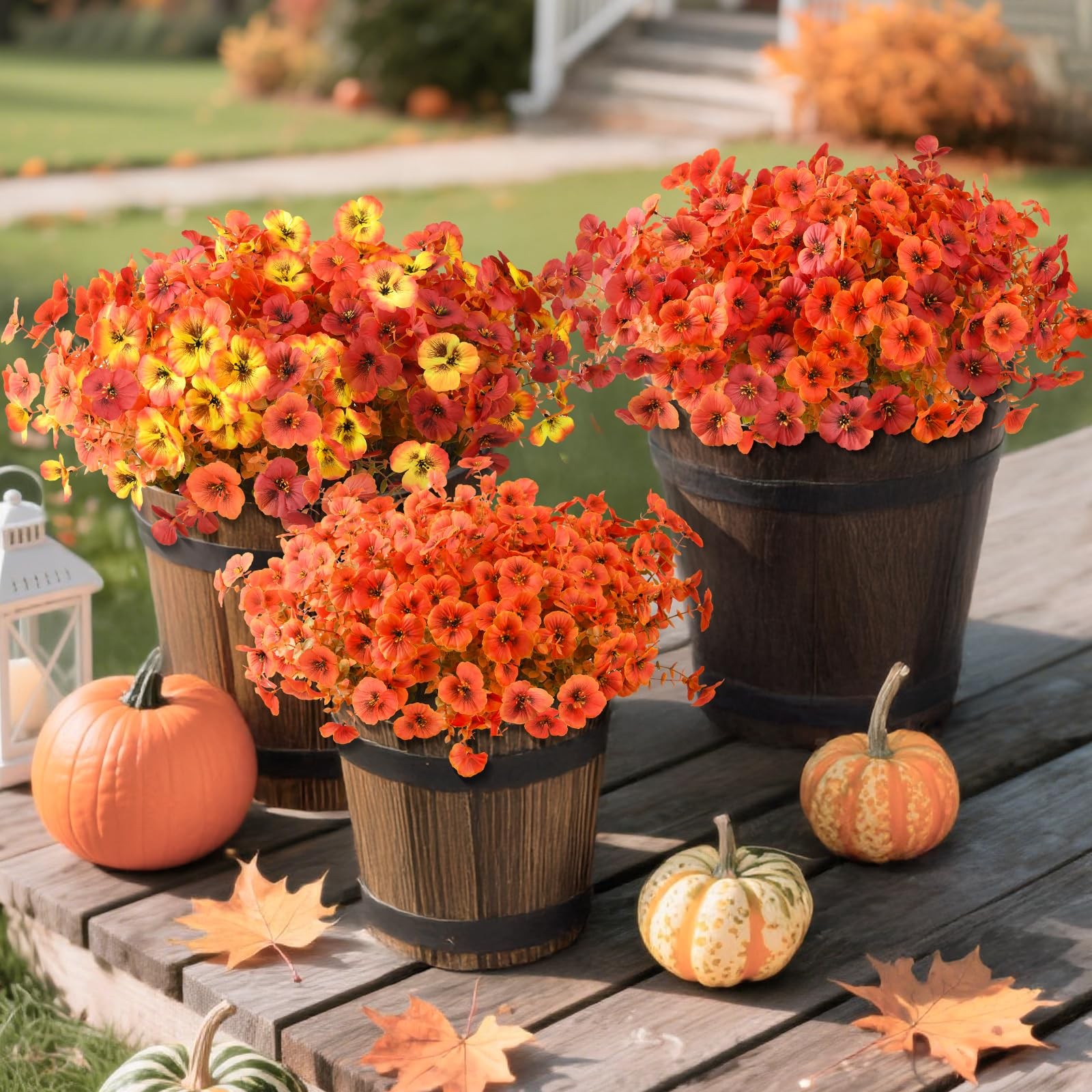 INQCMY Artificial Fall Flowers Faux Pansies Mums 12 Bundle 14″ Red Orange Yellow
