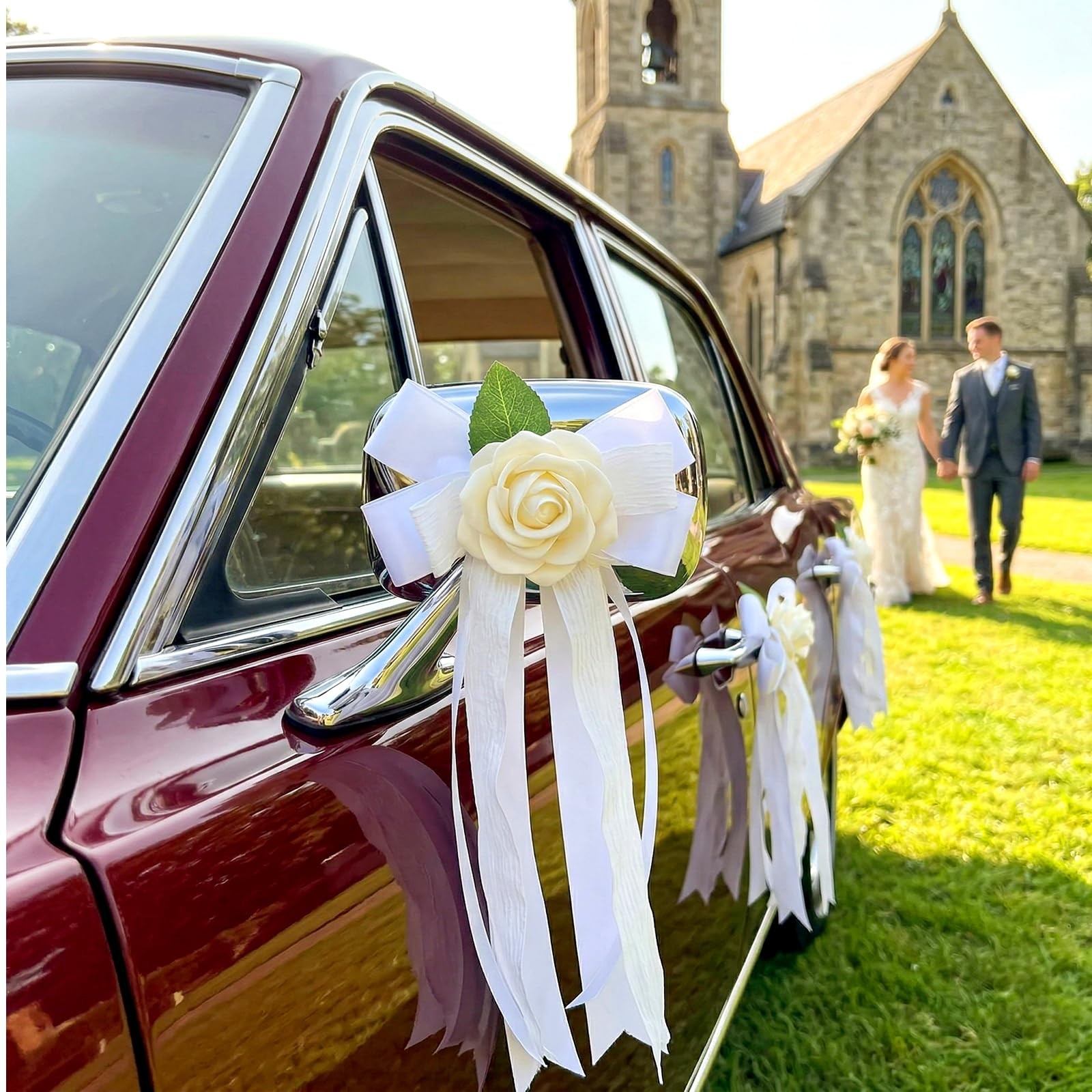 6 PCS White Wedding Car Door Handle Flowers Rearview Mirror Ribbon Bowknot