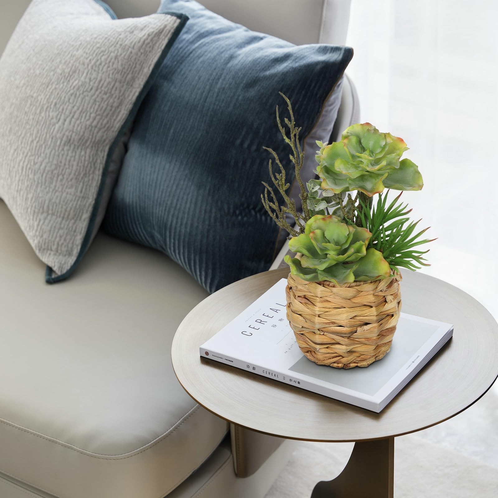 10 Inch Large Artificial Faux Potted Succulent Plant Wooden Woven Pot Decor