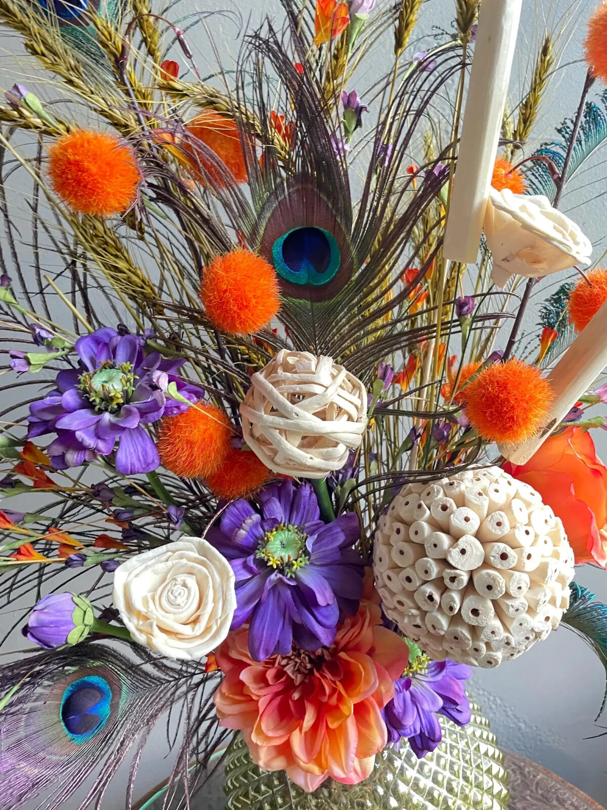 Peacock Centerpiece: Earthy Floral Arrangement, Cute Purple & Orange Room Decor