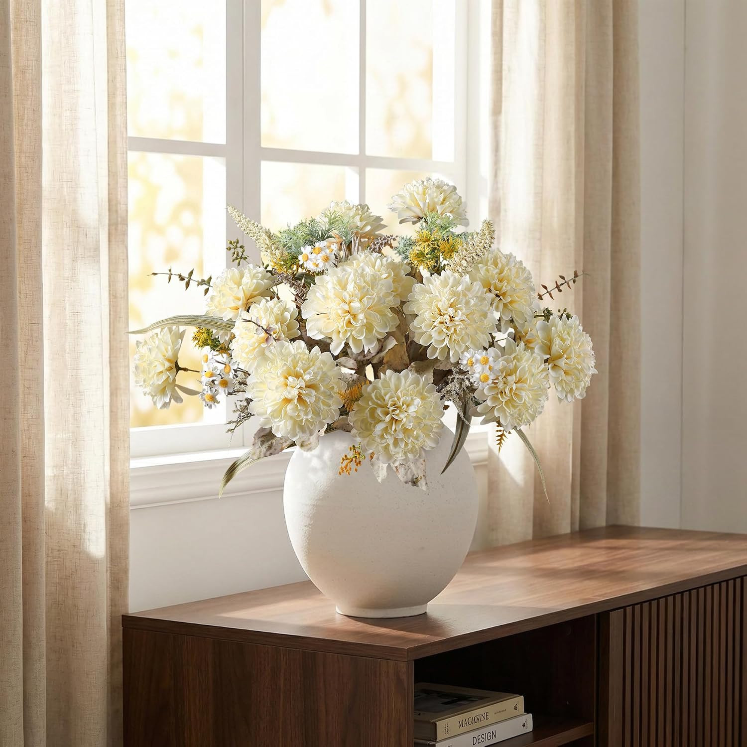 Beige Silk Chrysanthemum Flower Ball – 2 Pack for Home Decor & Vases