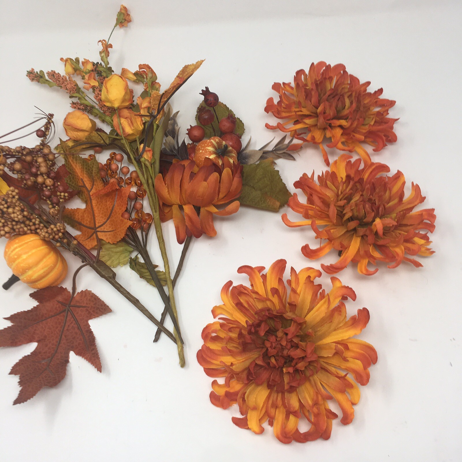 Fall Berry & Twig Silk Flower Stem bunches and 3 pin on flower rounds orange lot