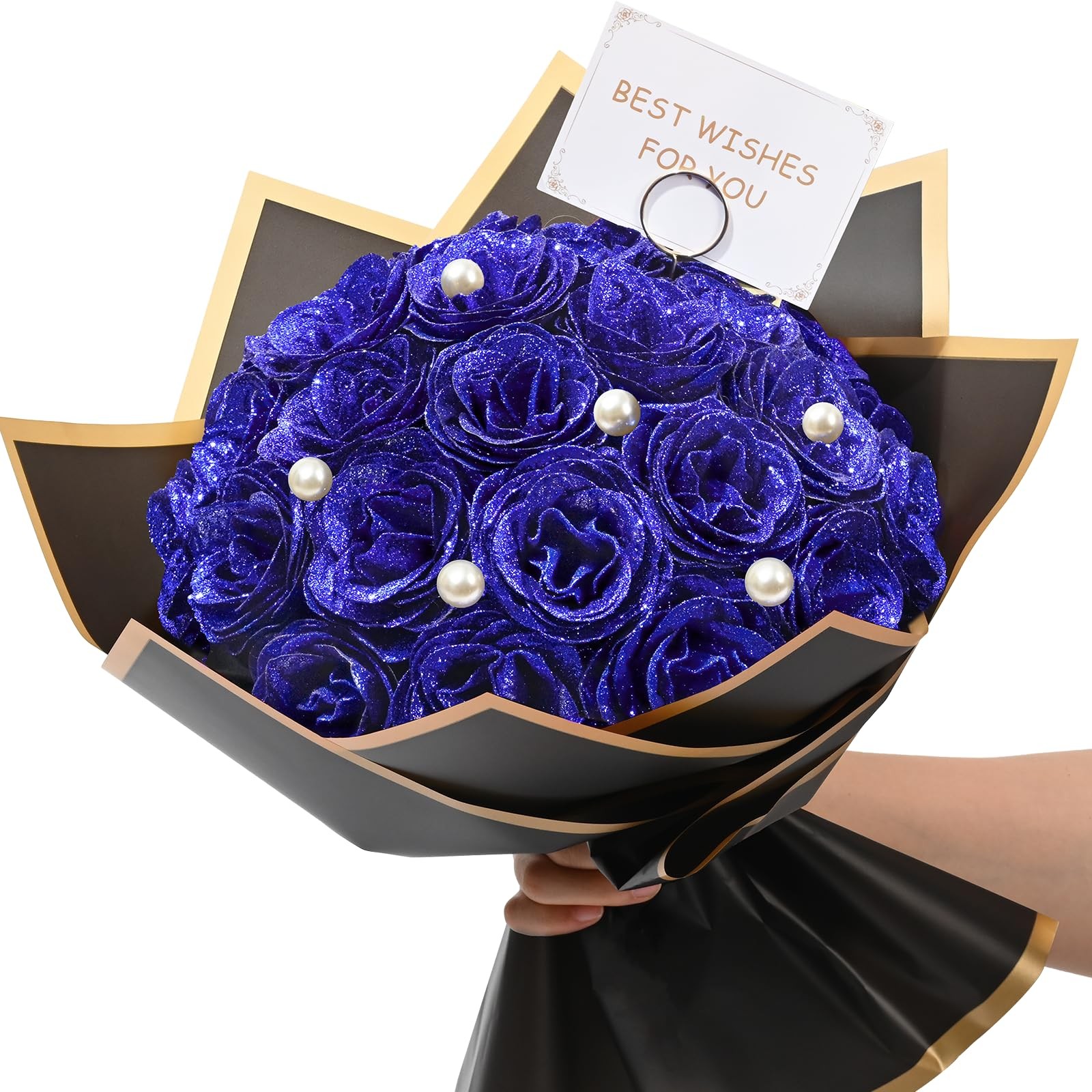 Blue Glitter Roses Bouquet, DIY Fake Flowers Bouquet, Everlasting Shiny Artifici