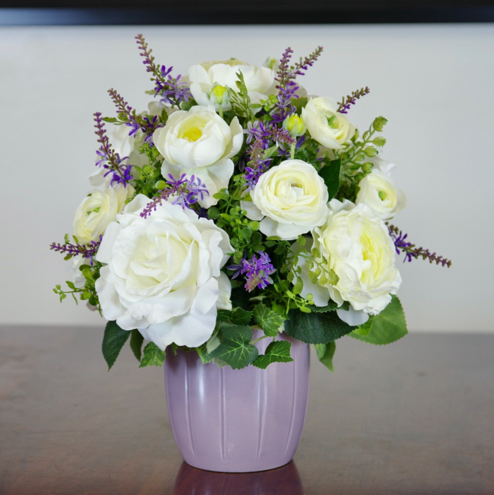 Silk White Roses, White Ranunculus and Lavender Wildflowers in a Lavender Bowl