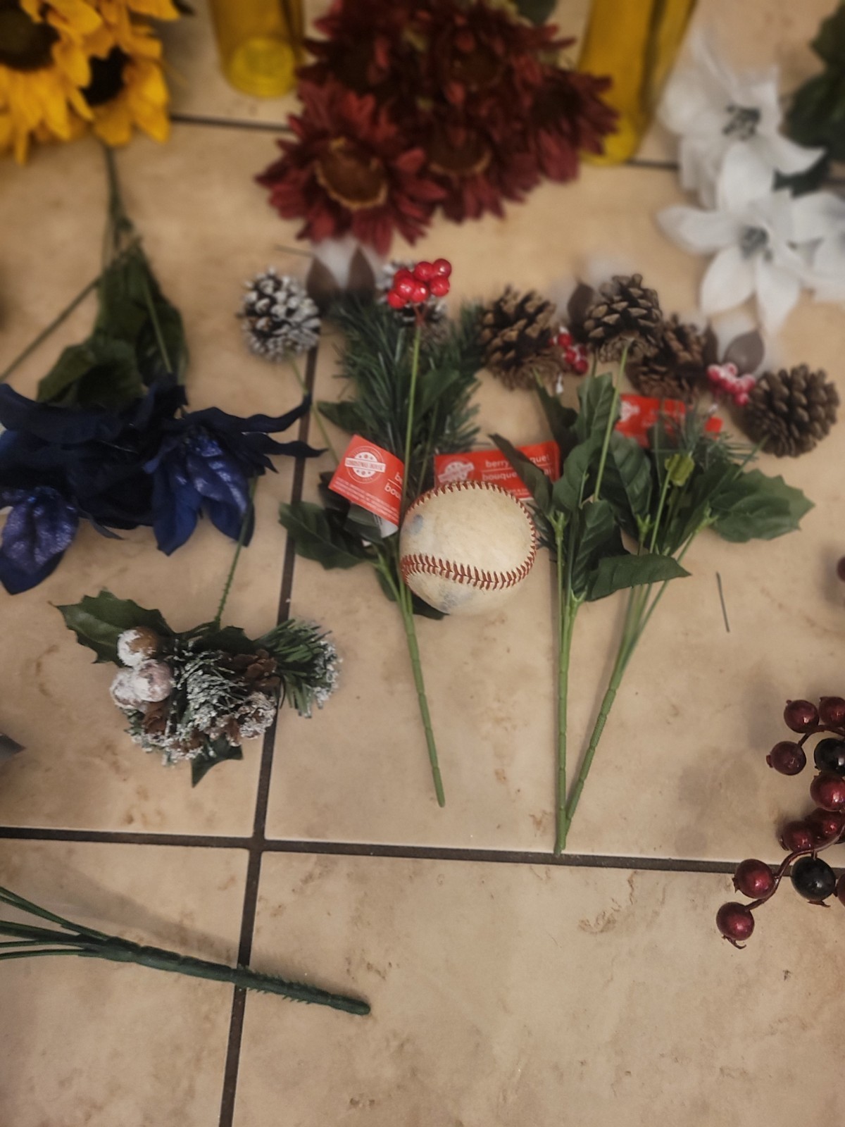 New Artificial Flower Stem Lot Sunflowers Poinsettias Berries Craft Supplies