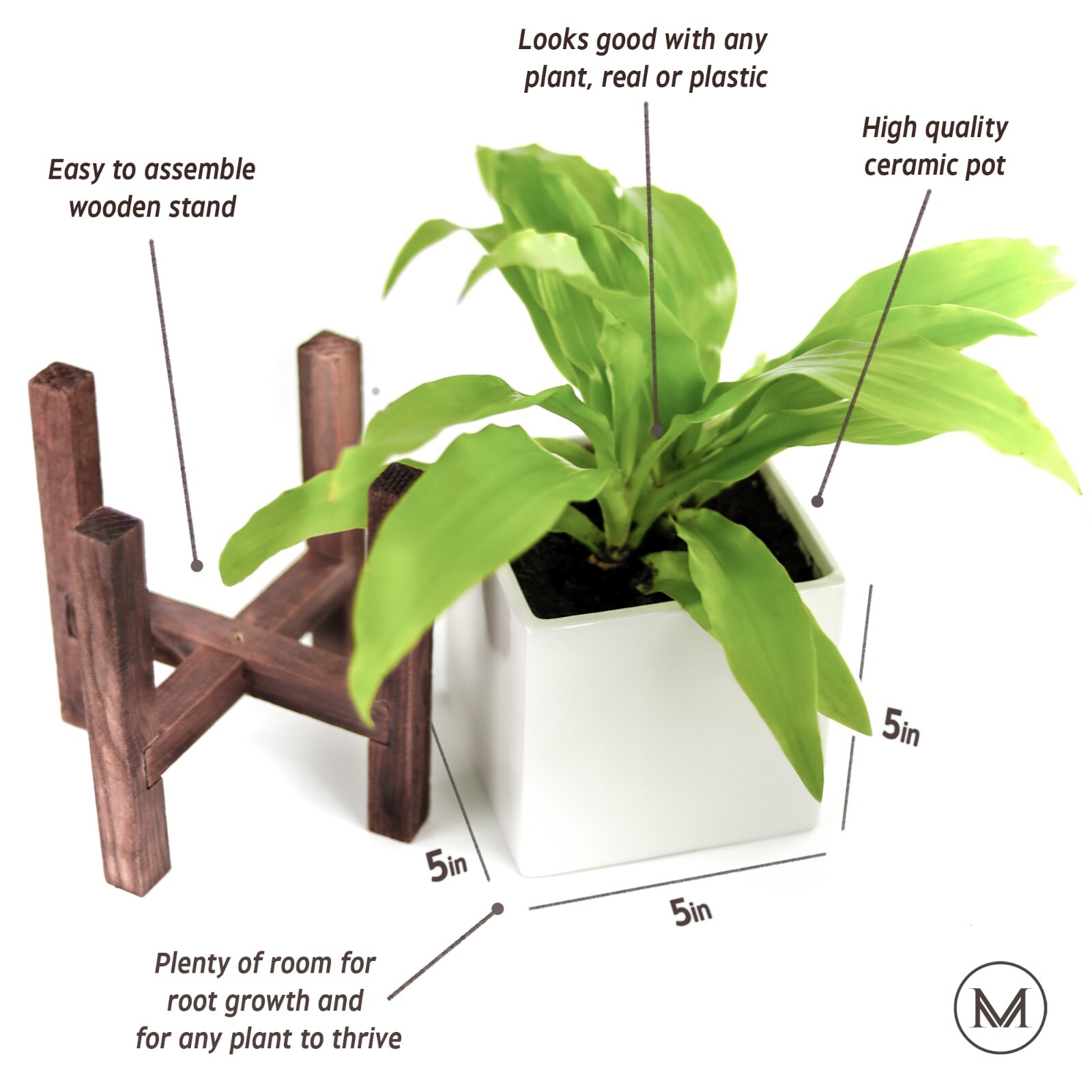 Modern Square Indoor Plant Pot with Stand Included 5″ white pot with drainage