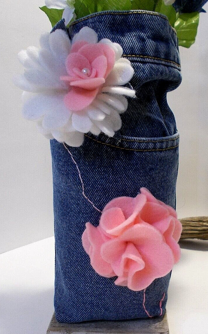 Denim Roses & Flowers in Recycled Denim Jeans Vase and Sm Valentines Hugs Bear
