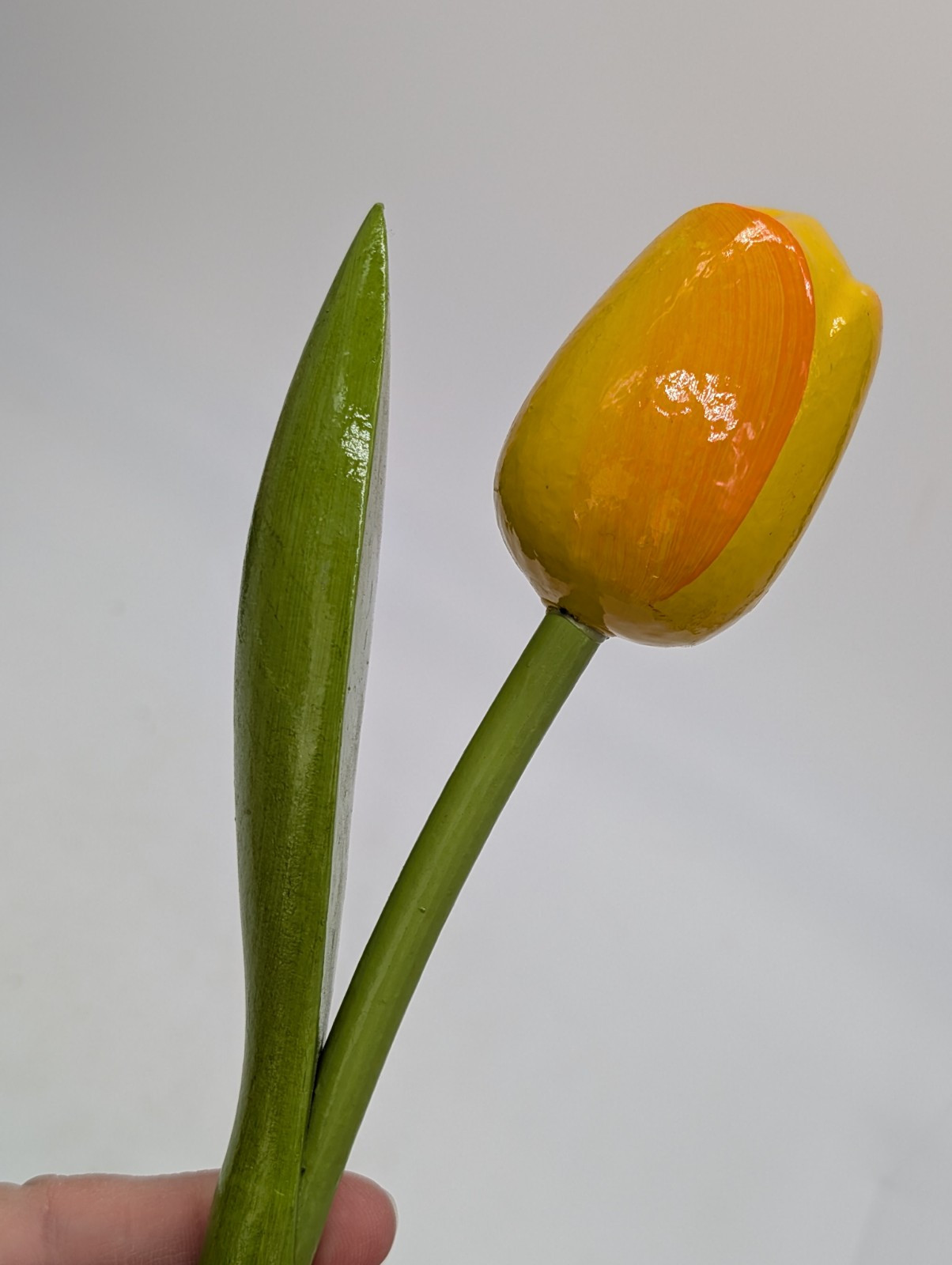 Hand Carved and Painted Wooden Flower Tulip Yellow Tiqets Holland Dutch In Base