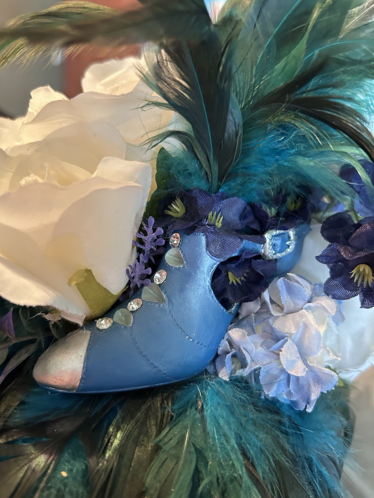 floral Tea Cup large white roses, lavender sprigs & Teal feathers