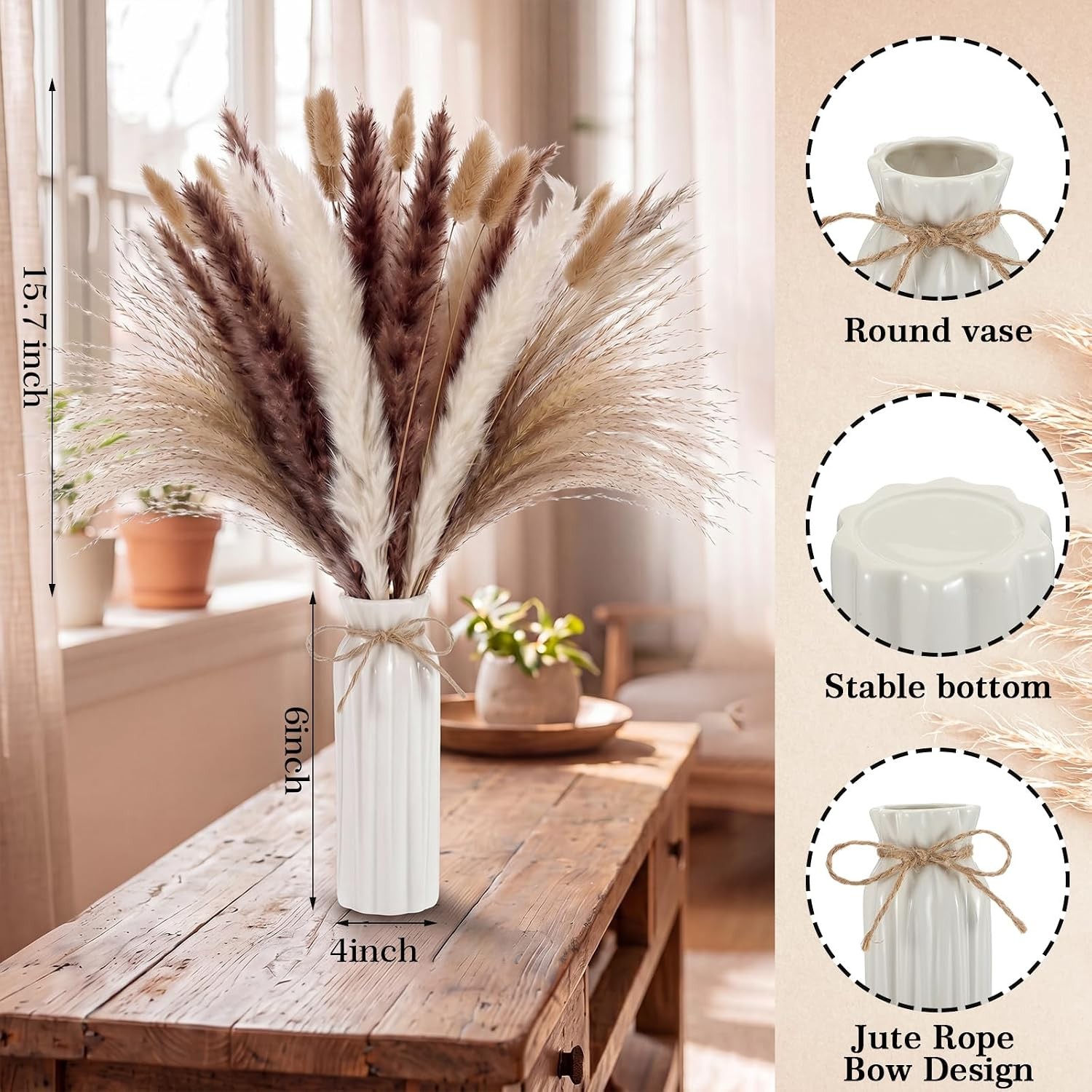 6 Set White Ceramic Vases Set W/ Dried Pampas Grass Bouquets Boho Table