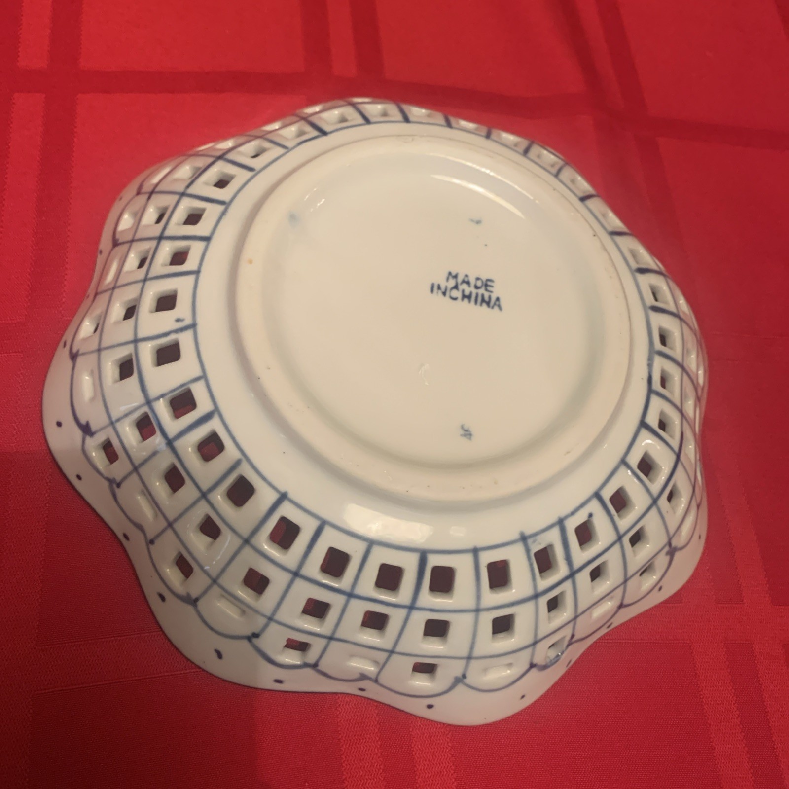 Ceramic Basketweave Fruit And Bread Bowl, Blue and White, Lattice Cut China 7.5″