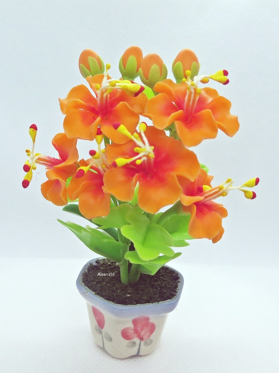 US Stock 4″H Handmade Miniature Air Dry Clay Hibiscus Arranged in Ceramic Pot