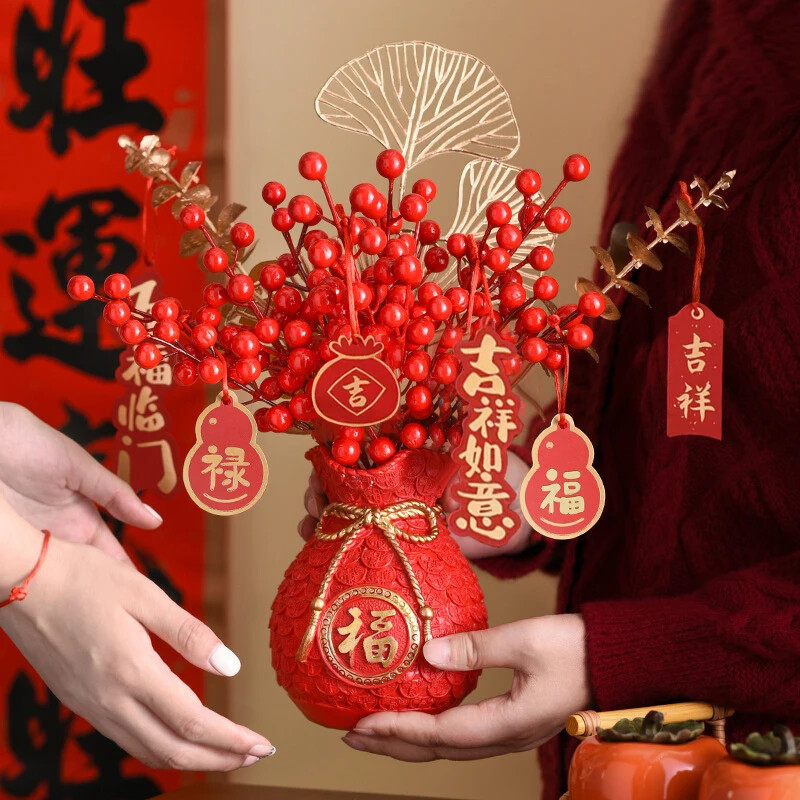 Chinese Spring Festival Decorations Vase Artificial Red Berries Plant Vase with