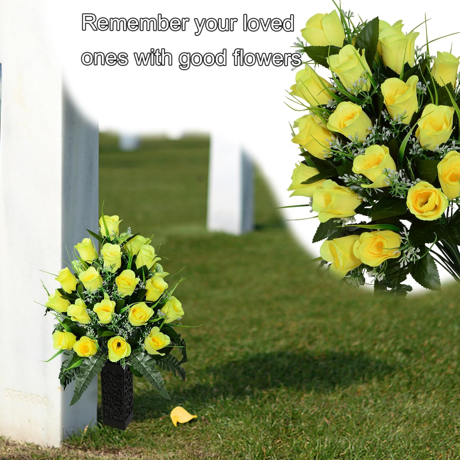 Artificial Cemetery Flowers for Grave, Artificial Rose Memorial Flowers with Vas