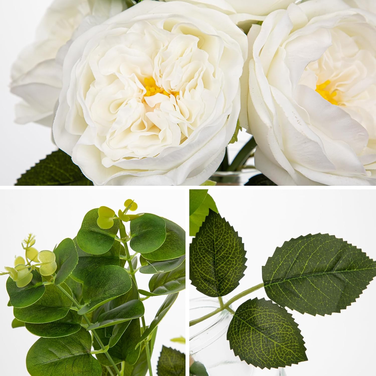 Elegant White Peonies & Roses in Glass Vase – Faux Flower Centerpiece Decor