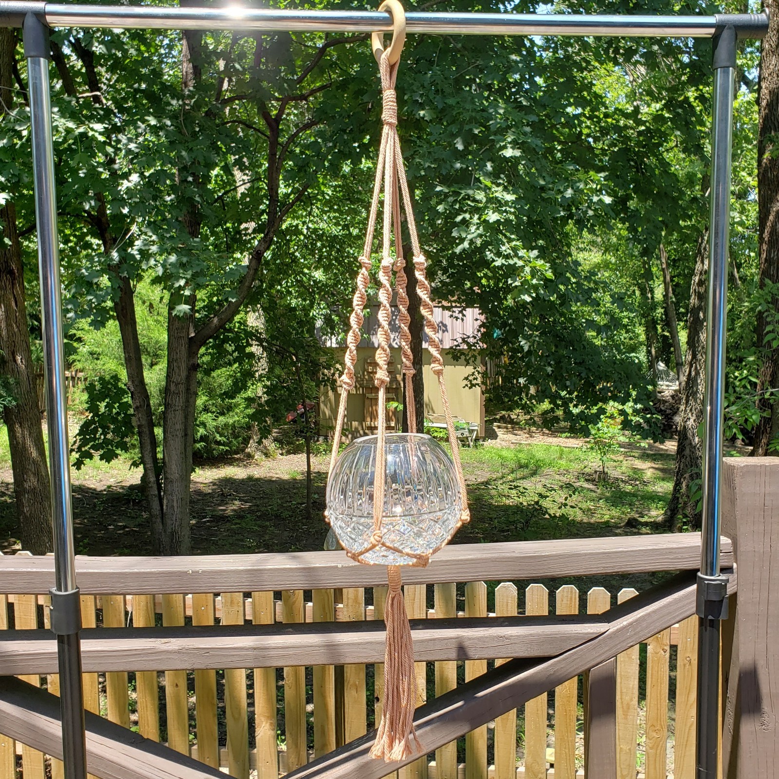 MCM Bohemian Clear Cut Crystal Rose Bowl & Brown Macrame Plant Hanger SET
