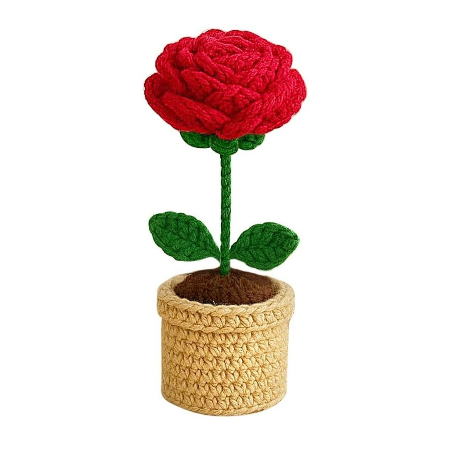 Hand Knitted Eco Friendly Crochet Artificial Hand Woven Yarn Red Rose Pot