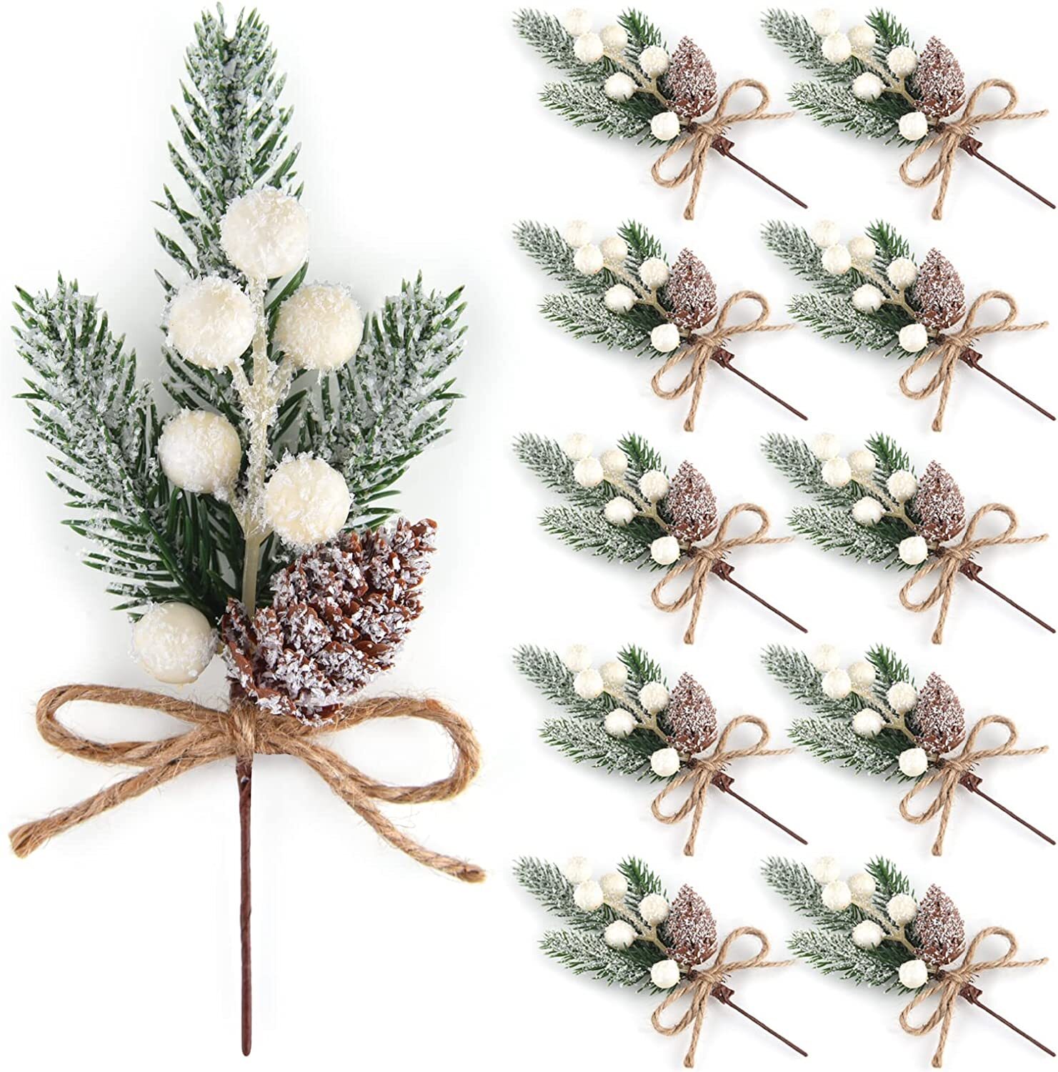 10× Christmas Berries Pine Cones Artificial Pine Picks with Snowflakes Holly US