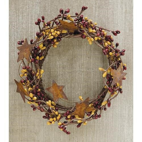 NEW Primitive Berry Candle Rings 2 pcs Rusty Stars 4″ BURGUNDY GOLD Pips Rustic