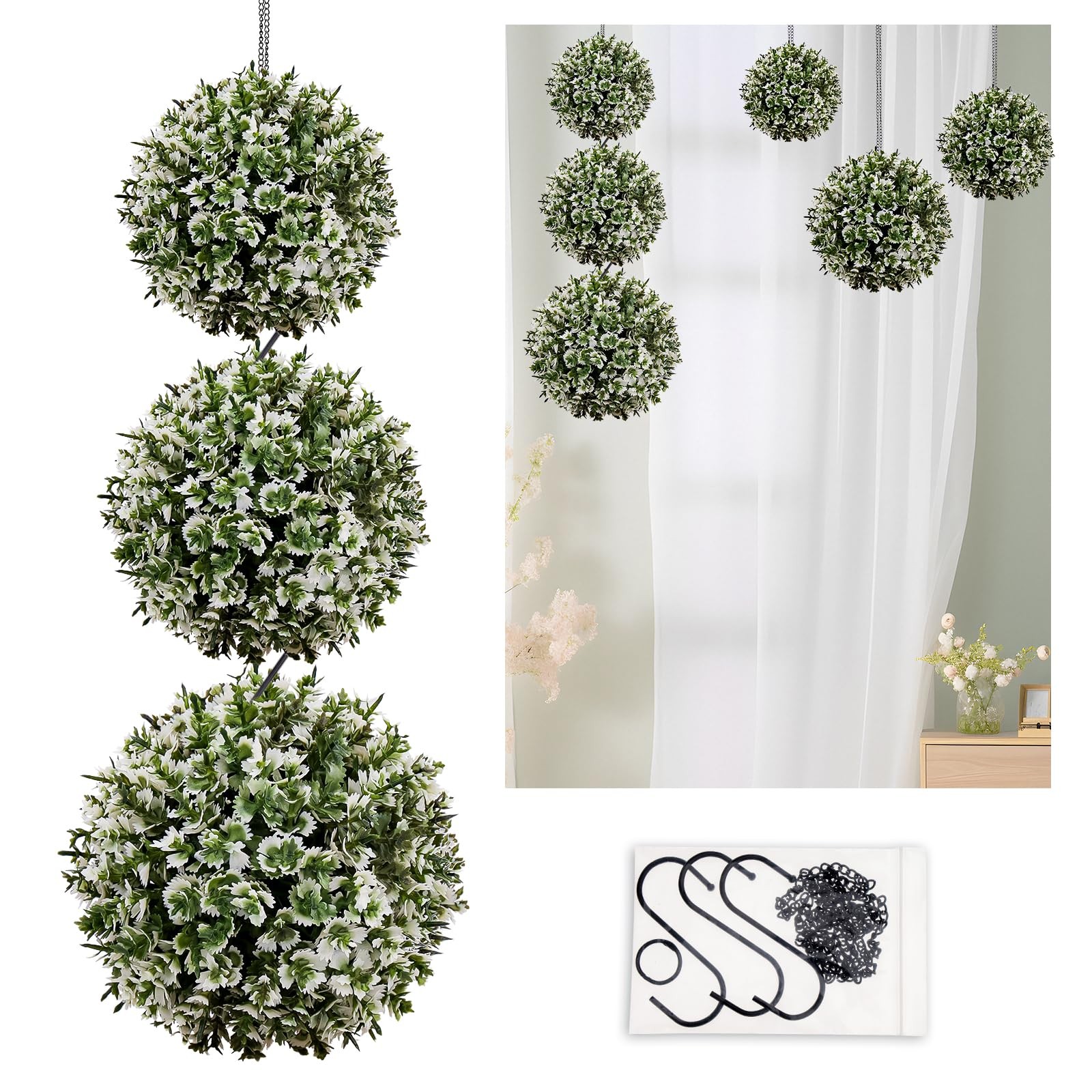 3 Pcs Artificial Boxwood Topiary Set – Mixed Size (9″, 7″, 4.7″) White-Edged …