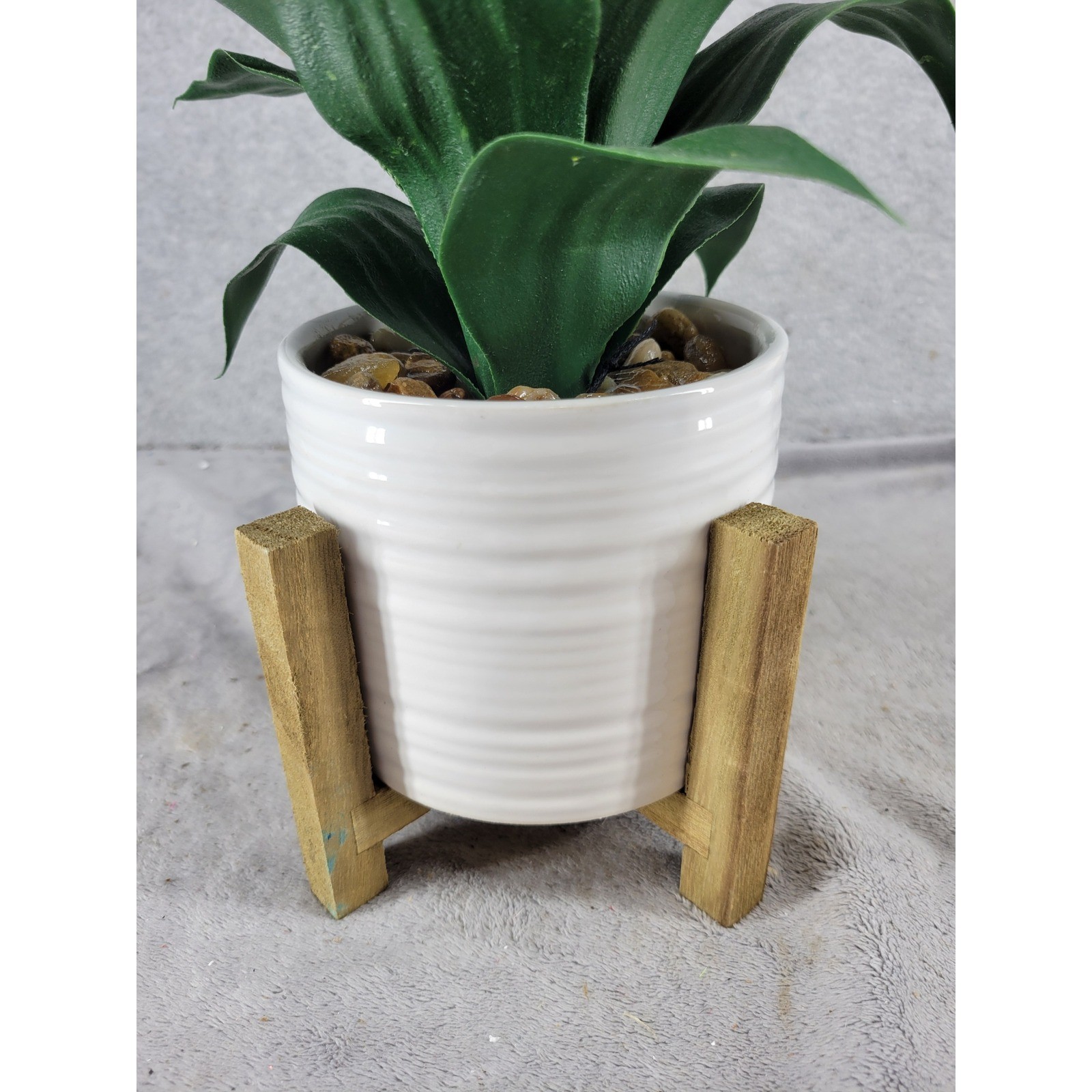 Artificial Snake Plant in White Ceramic Pot with Wood Stand Faux Green Leaves