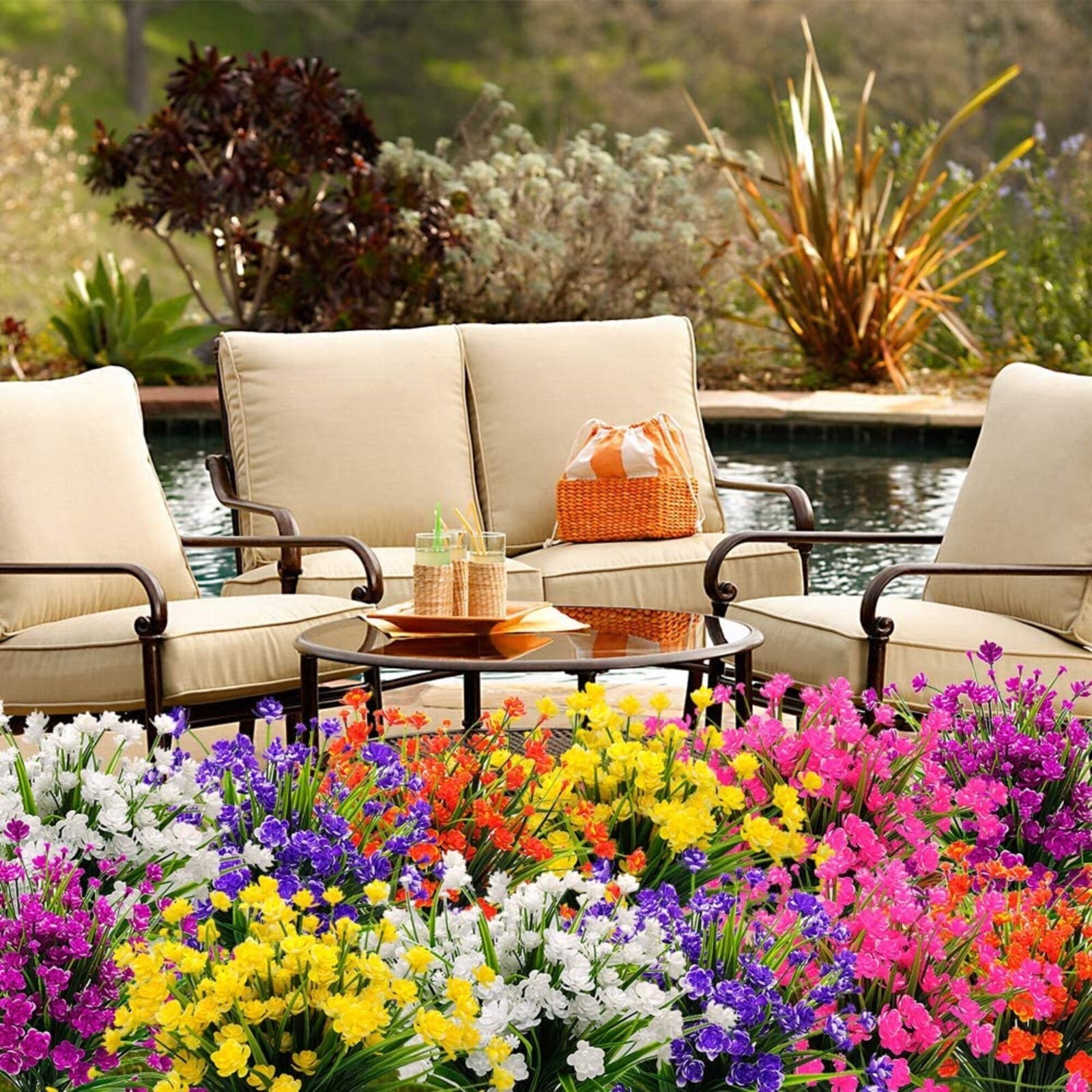 12 Bundles Outdoor Artificial Fake Flowers UV Resistant Various Colors lifelike