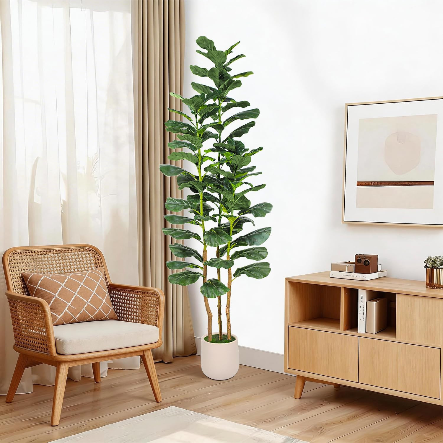 6ft Artificial Fiddle Leaf Fig Tree with White Planter, Tall Fake Plant with Nat