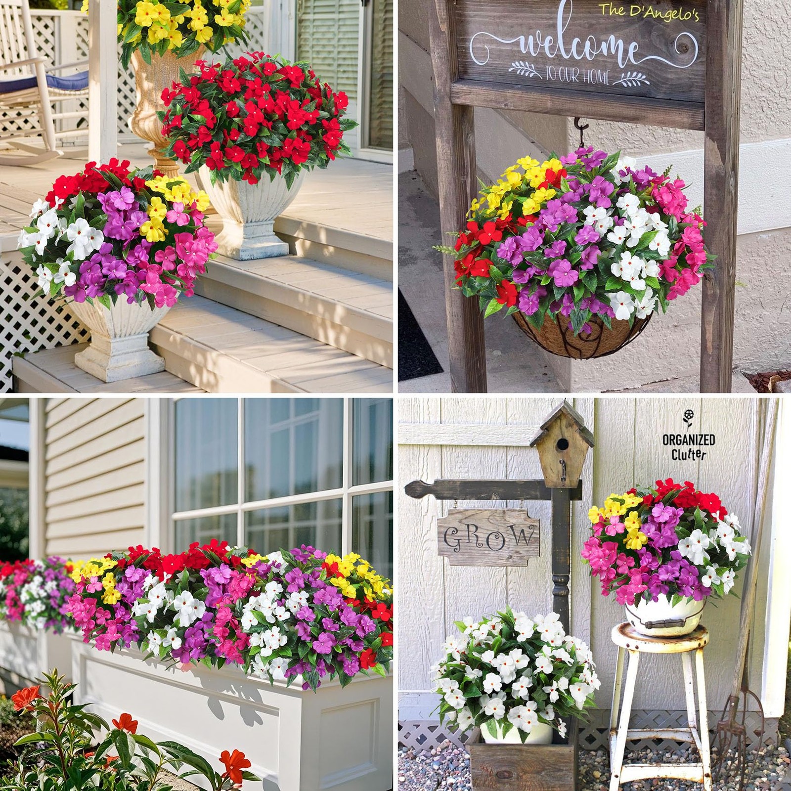 6 Bundles Artificial Impatiens Flowers for Outdoors, Multicolor