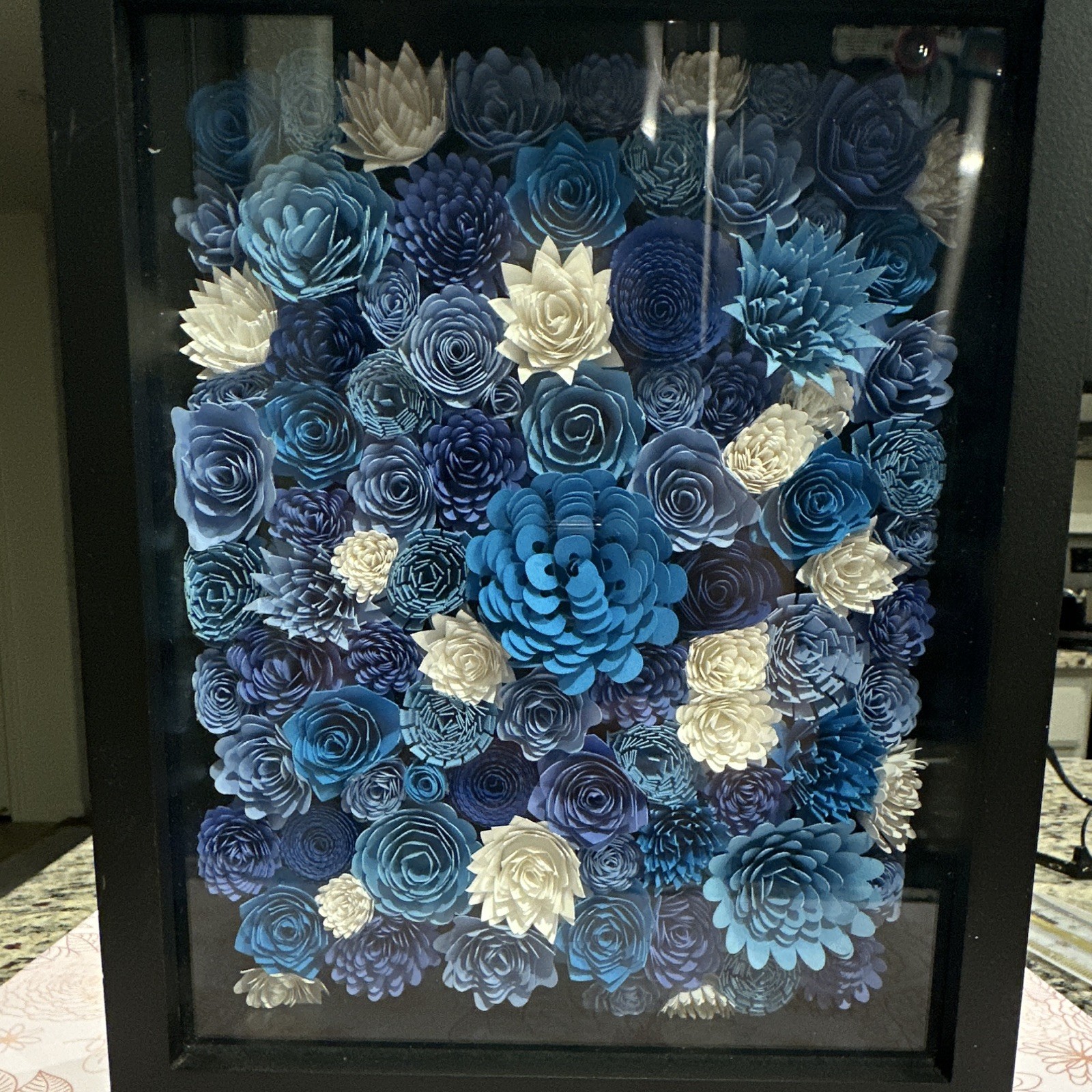 Blue White Artificial Flower Box Wall Decor Paper Wood Glass Floral Theme