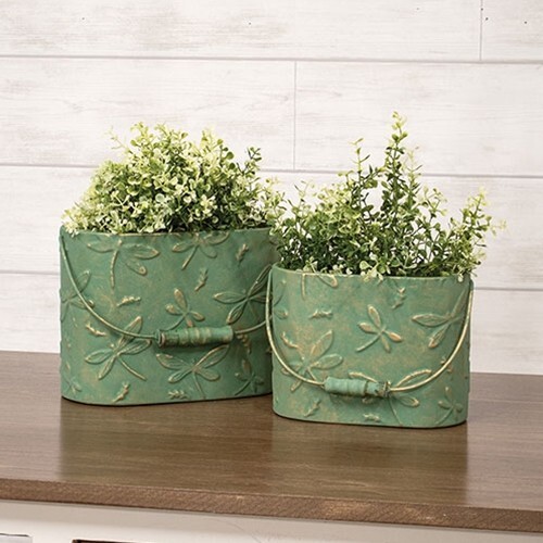 New Spring Summer RUSTIC GOLD GREEN DRAGONFLY BUCKET Metal Planter Containers